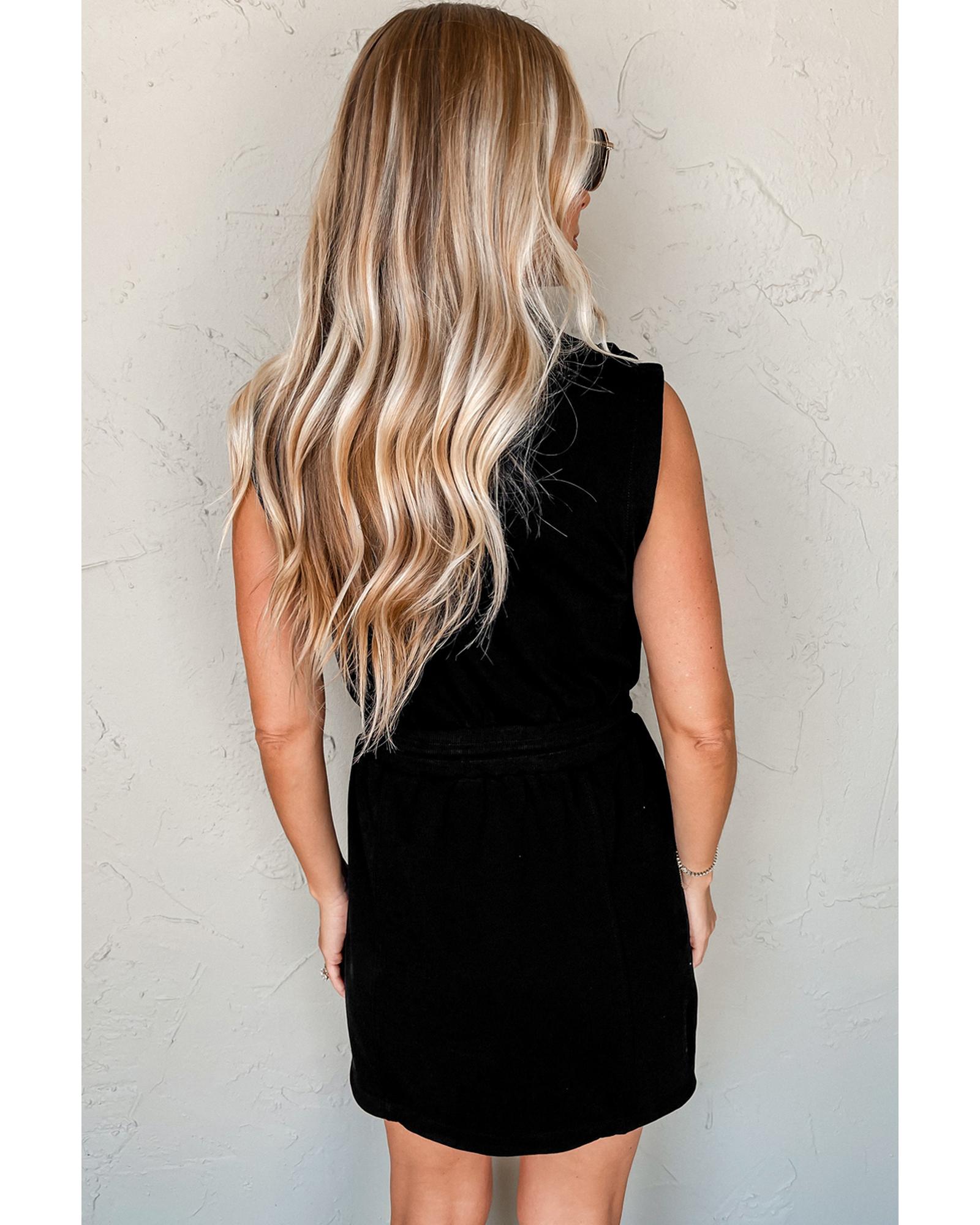 Black French Terry Zipped Collar Sleeveless Drawstring Waist Mini Dress - XL