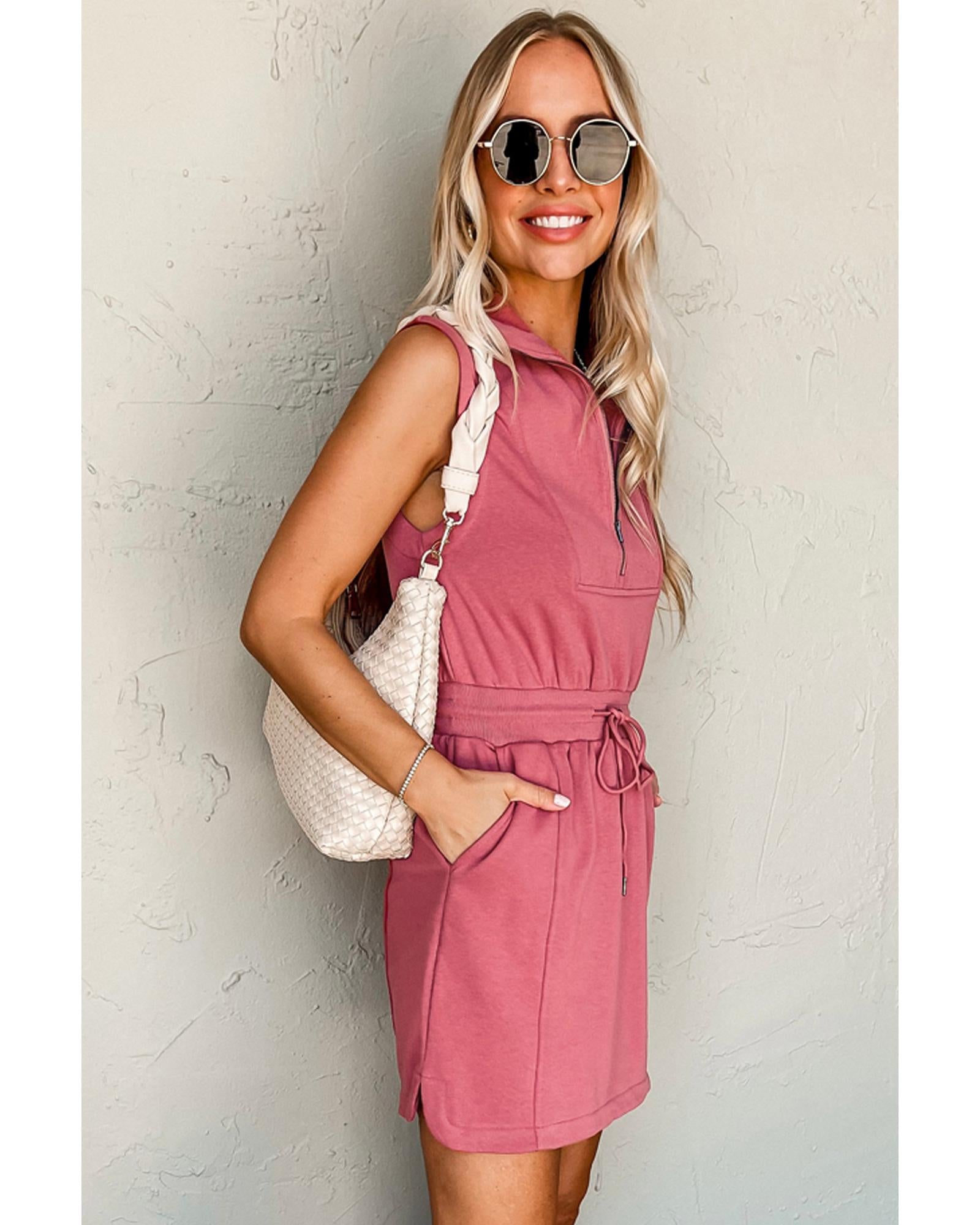 Mineral Red French Terry Zipped Collar Sleeveless Drawstring Waist Mini Dress - XL