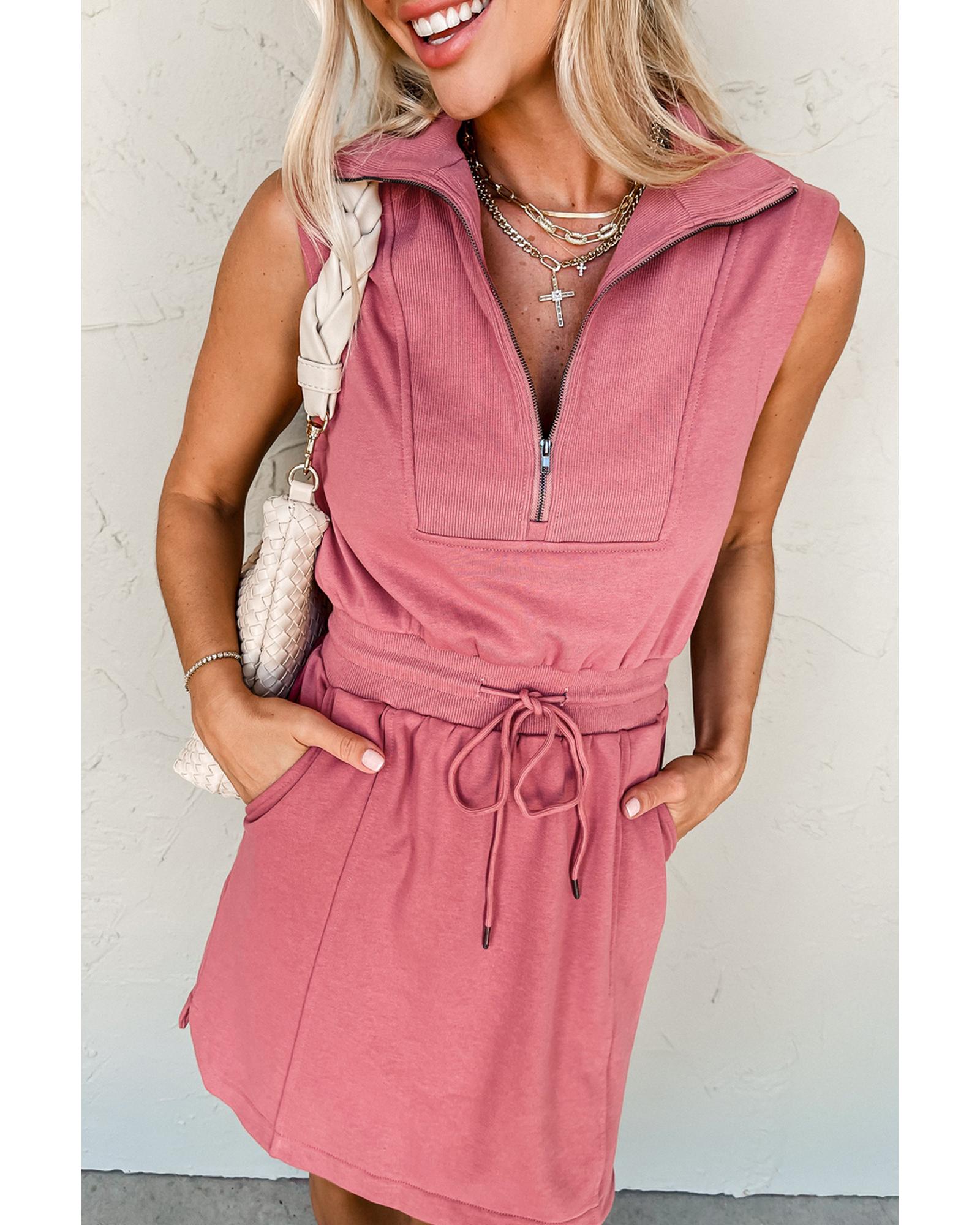 Mineral Red French Terry Zipped Collar Sleeveless Drawstring Waist Mini Dress - XL 4