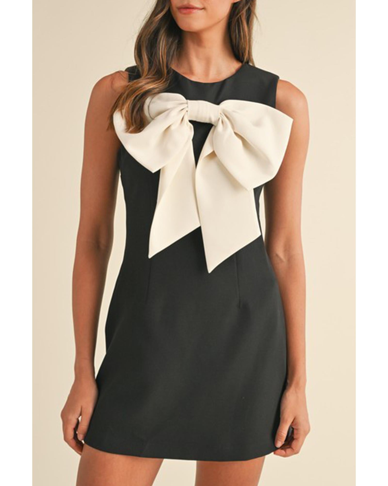 Black Contrast Bowknot Applique Crew Neck Sleeveless Mini Dress - M