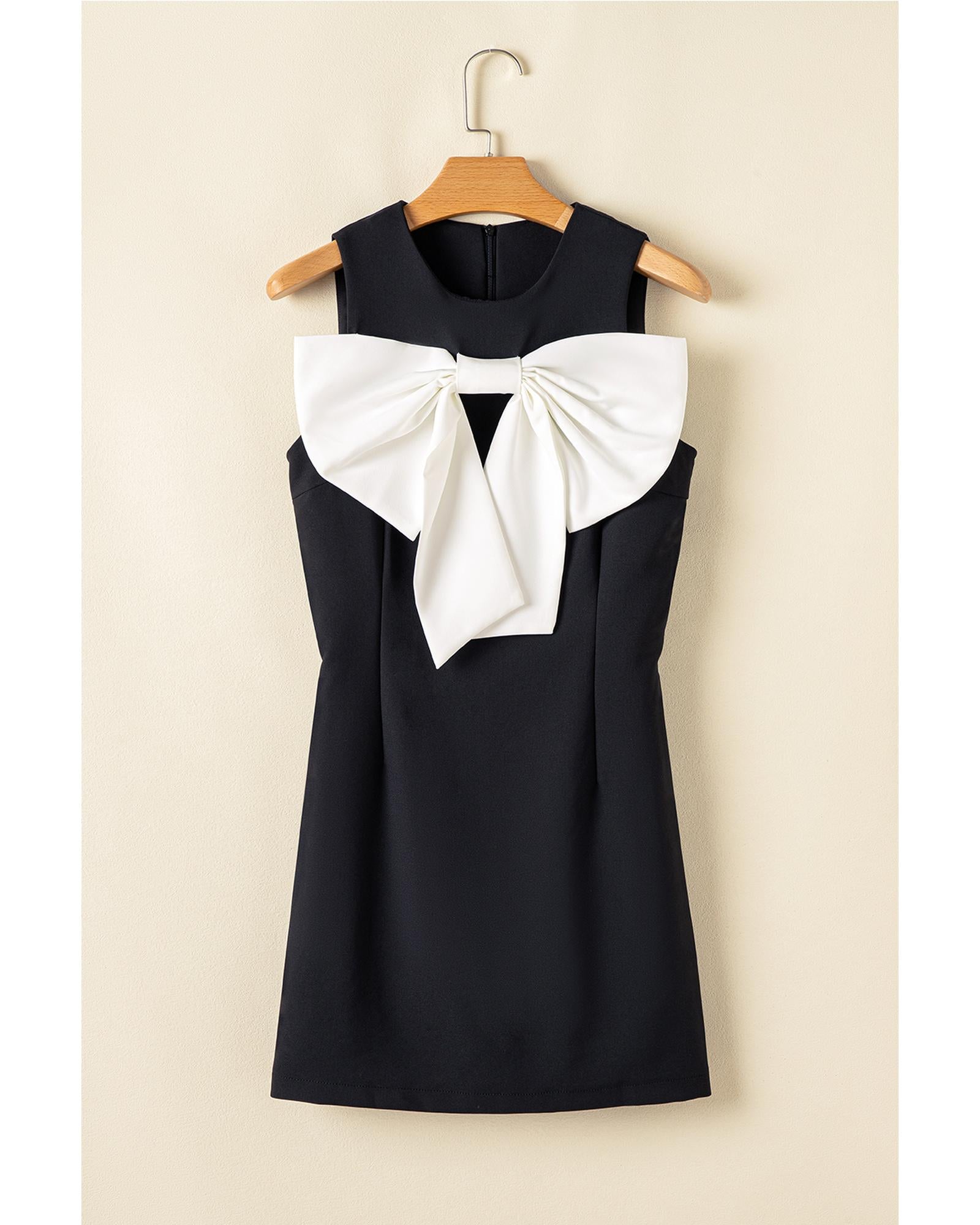 Black Contrast Bowknot Applique Crew Neck Sleeveless Mini Dress - S 4