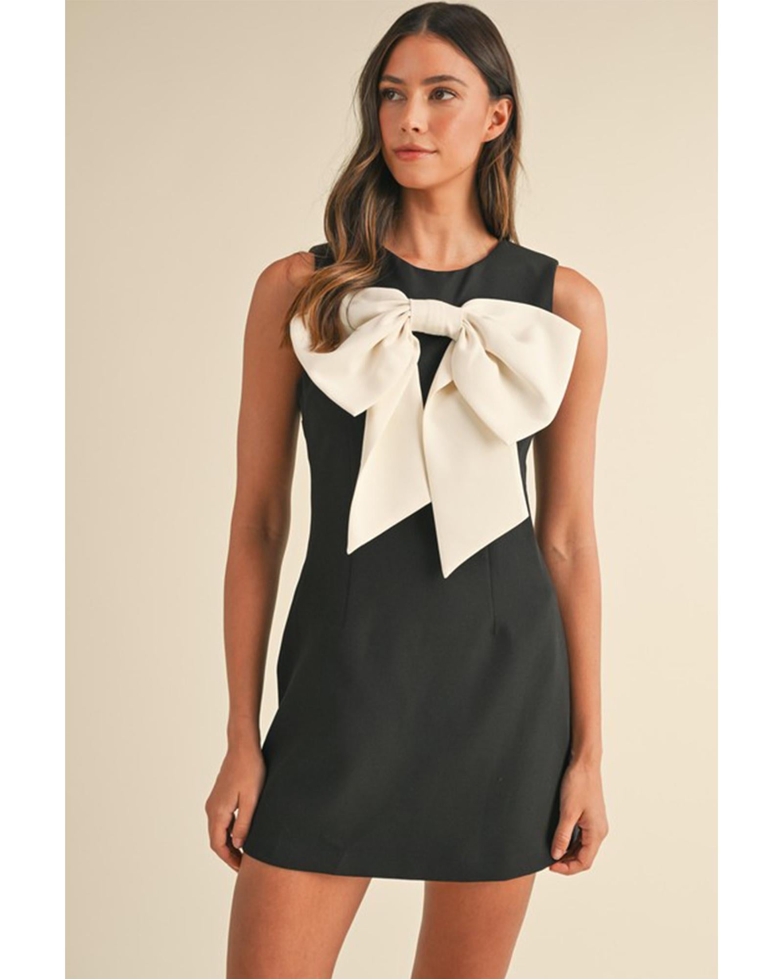 Black Contrast Bowknot Applique Crew Neck Sleeveless Mini Dress - XL