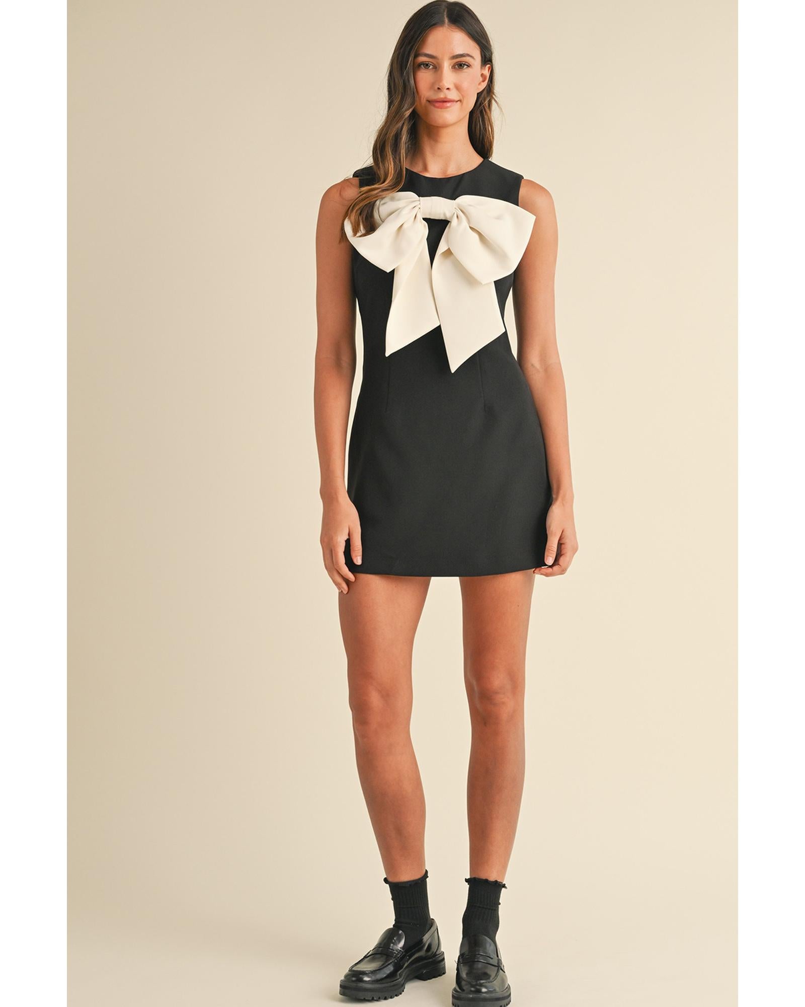 Black Contrast Bowknot Applique Crew Neck Sleeveless Mini Dress - XL 3