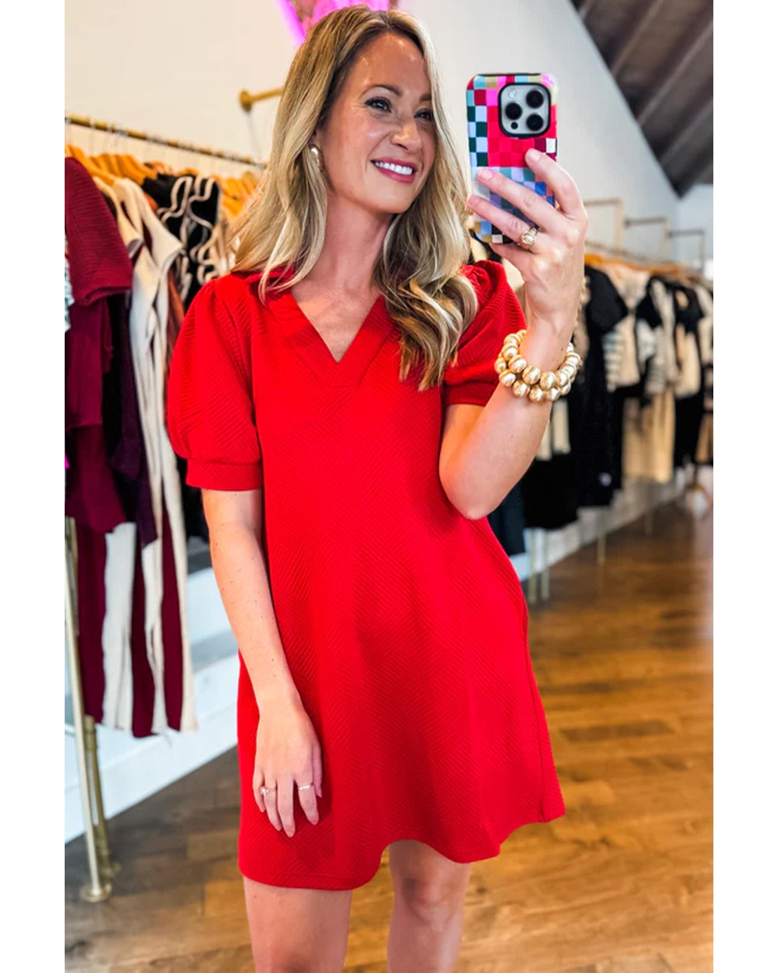 Fiery Red Textured Collared V Neck Puff Short Sleeve Shift Mini Dress - S 3