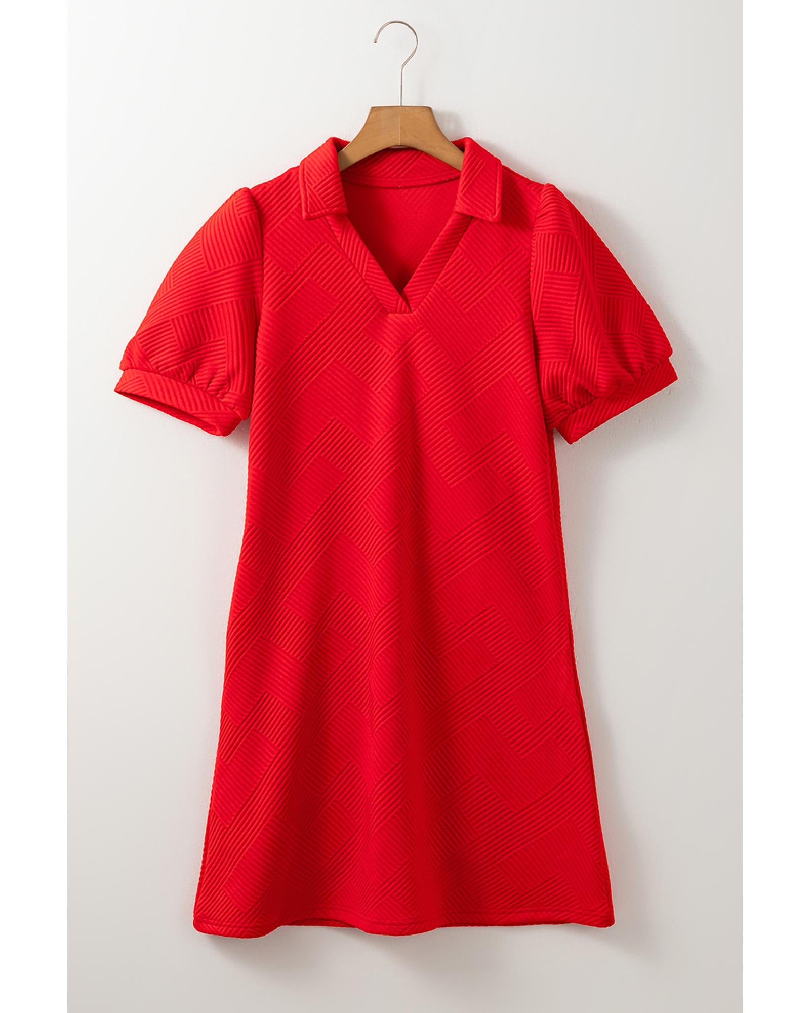Fiery Red Textured Collared V Neck Puff Short Sleeve Shift Mini Dress - S 4