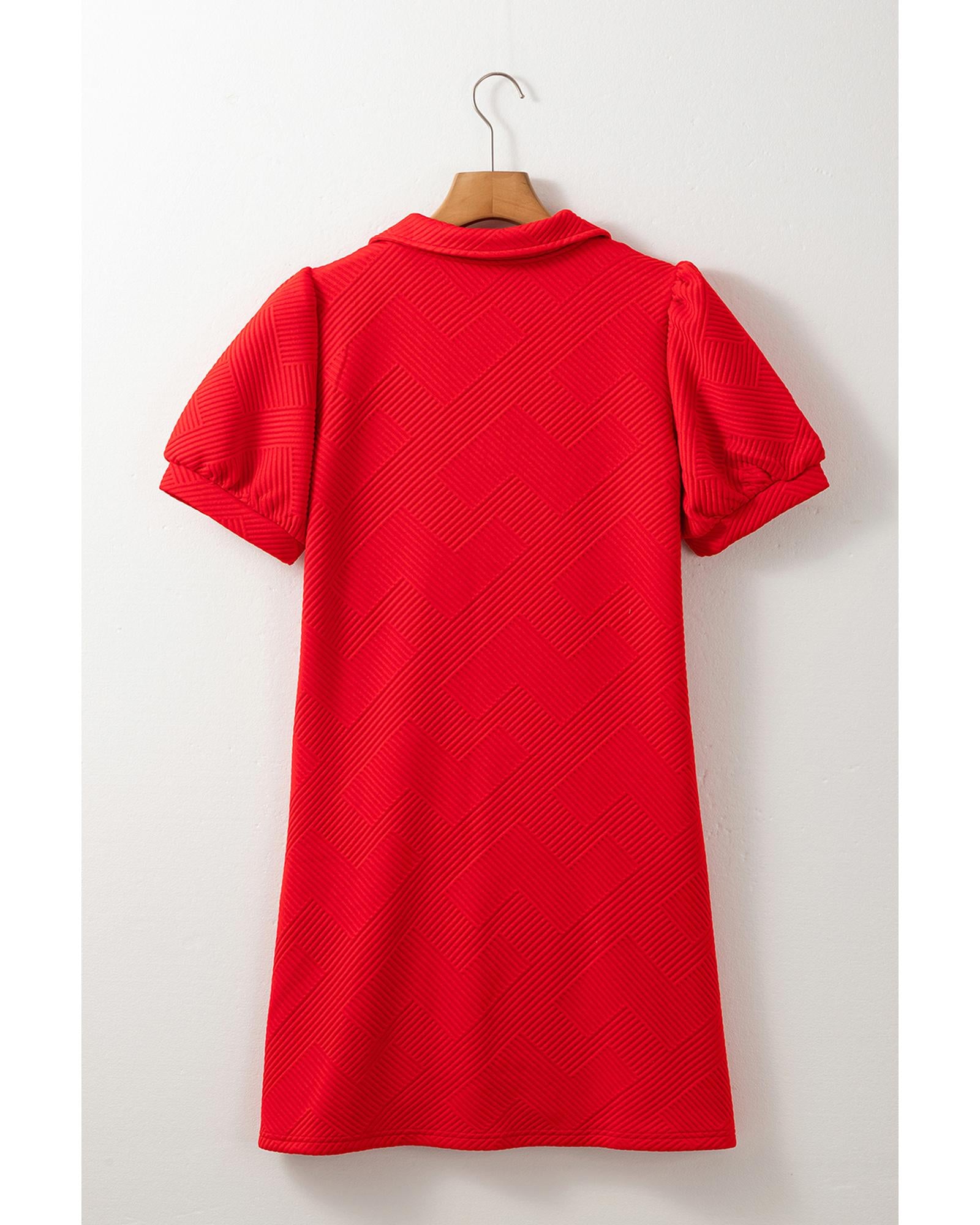 Fiery Red Textured Collared V Neck Puff Short Sleeve Shift Mini Dress - S 5