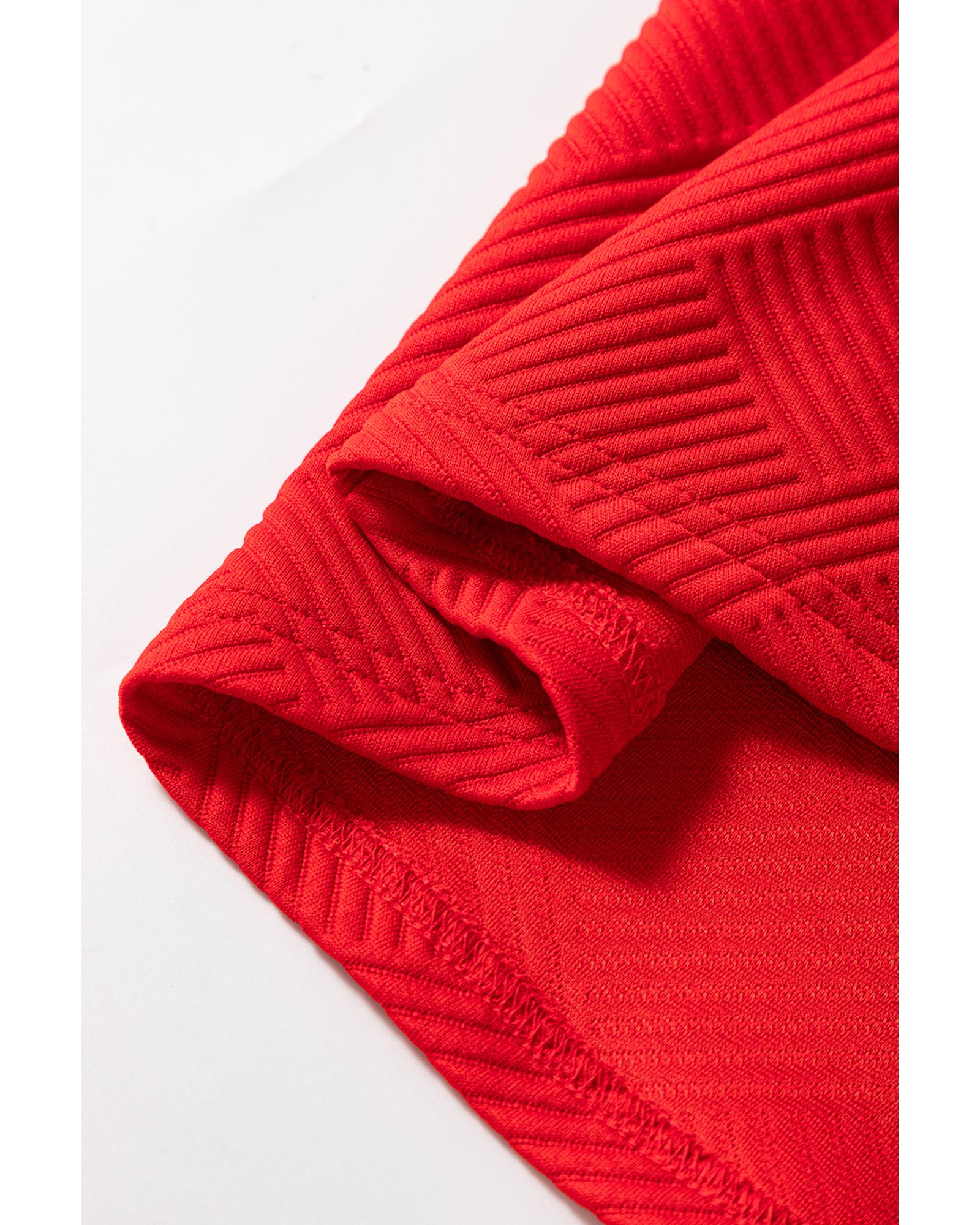 Fiery Red Textured Collared V Neck Puff Short Sleeve Shift Mini Dress - S 7