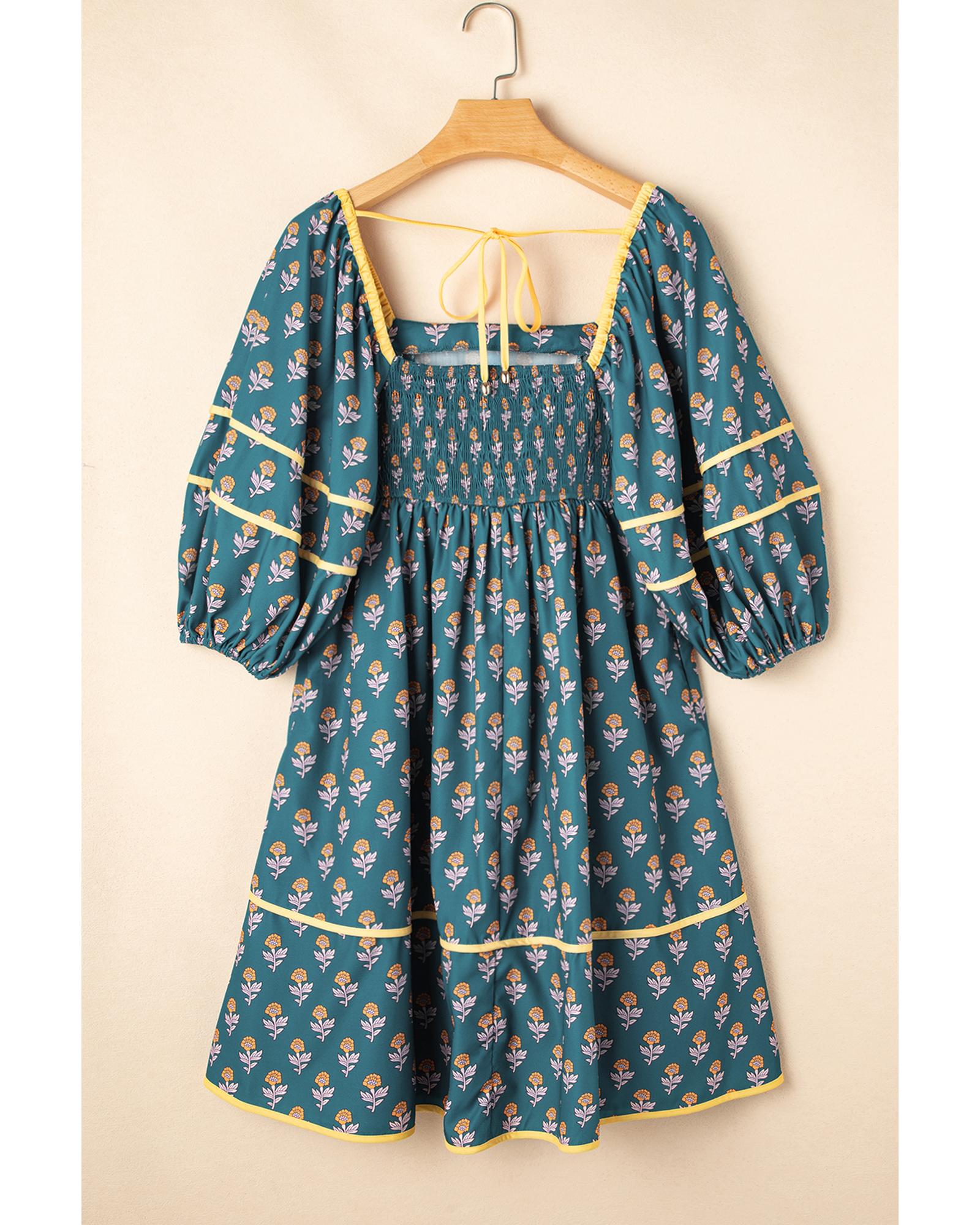 Skobeloff Floral Contrast Trim Square Neck Puff Sleeve Dress - L 5