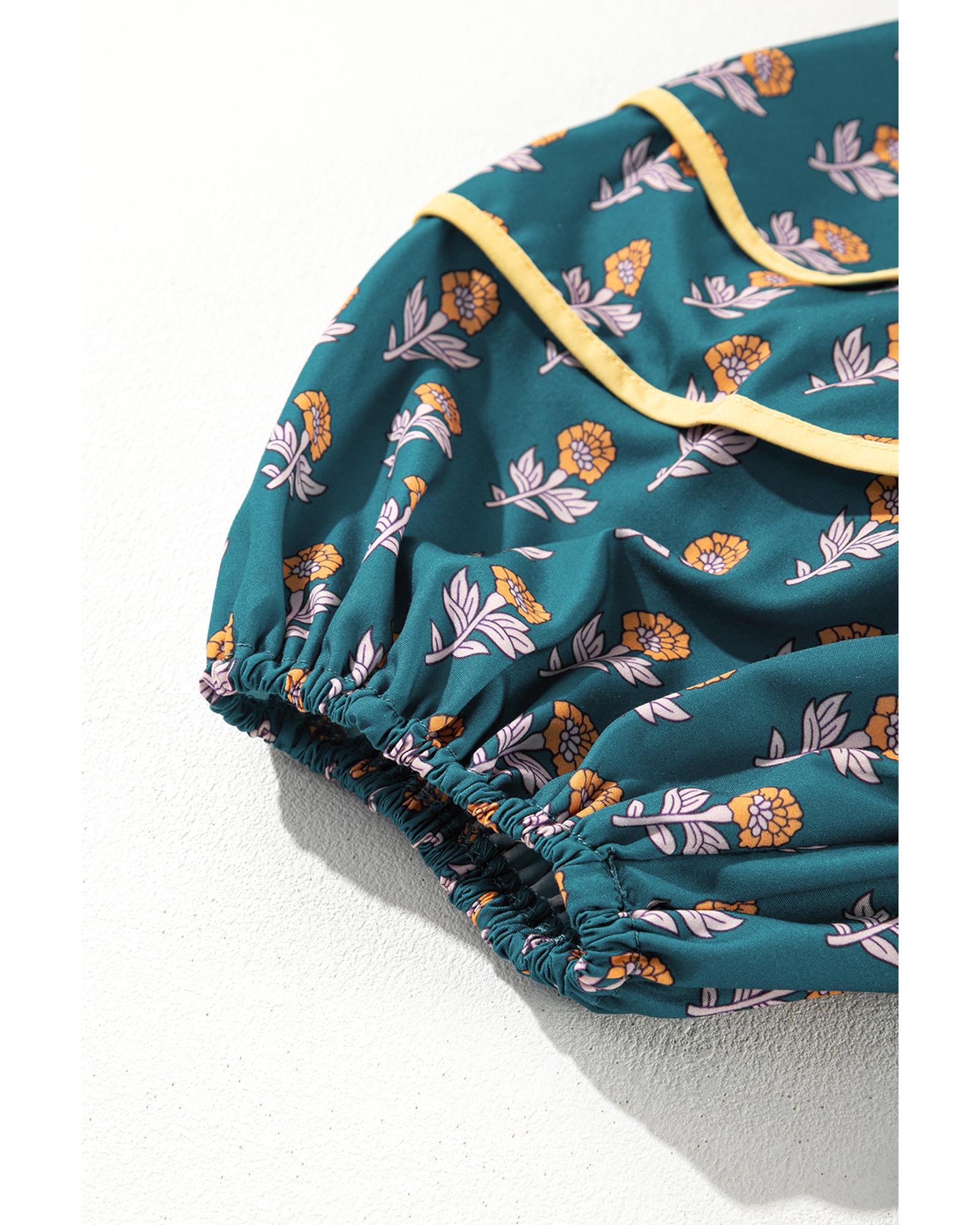 Skobeloff Floral Contrast Trim Square Neck Puff Sleeve Dress - L 7