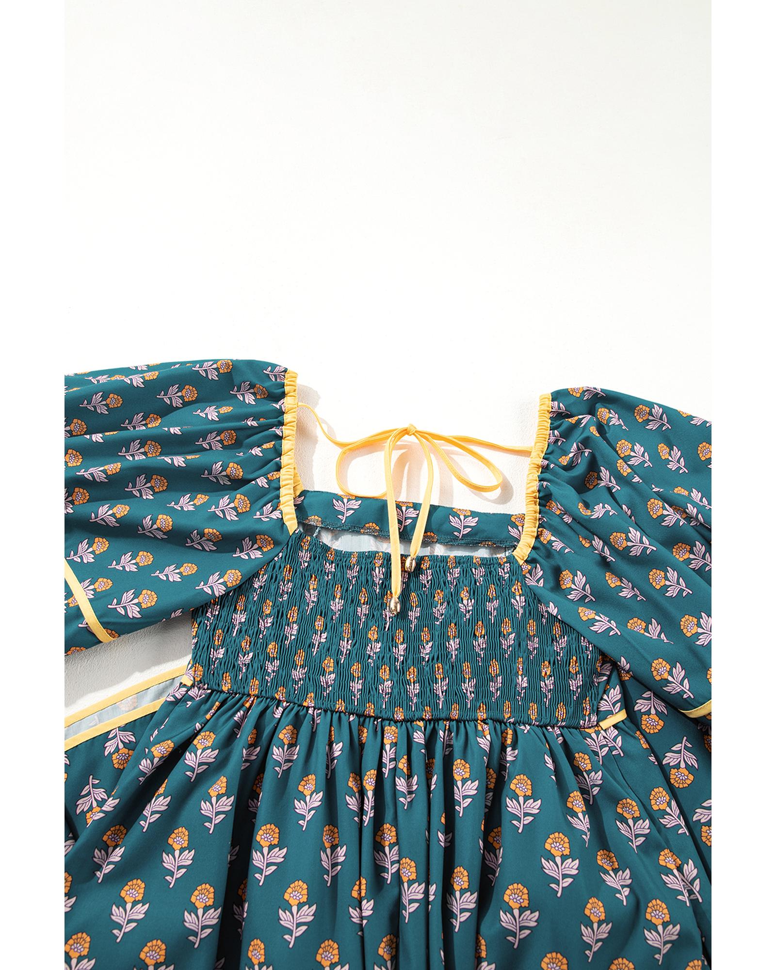 Skobeloff Floral Contrast Trim Square Neck Puff Sleeve Dress - L 8