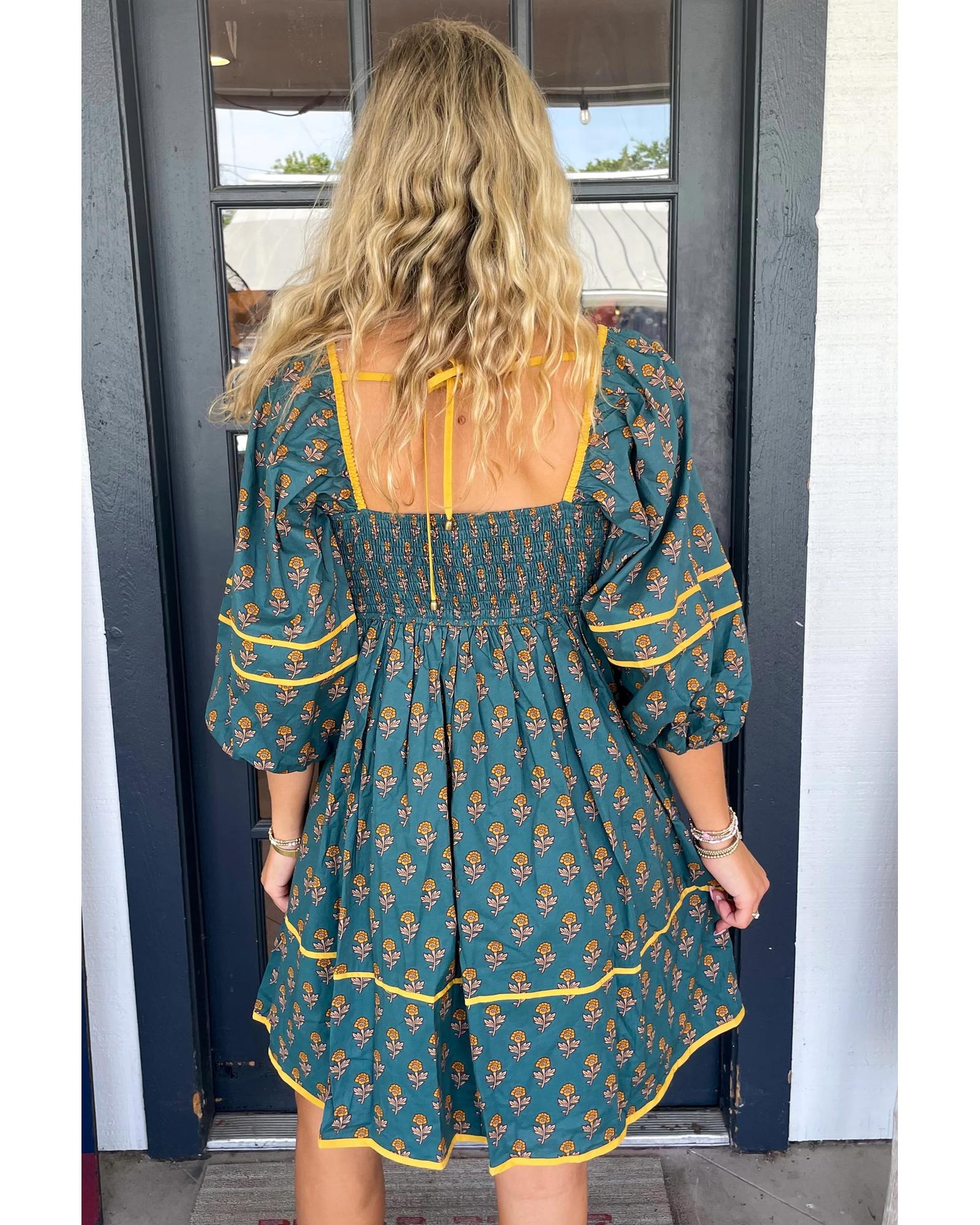 Skobeloff Floral Contrast Trim Square Neck Puff Sleeve Dress - M