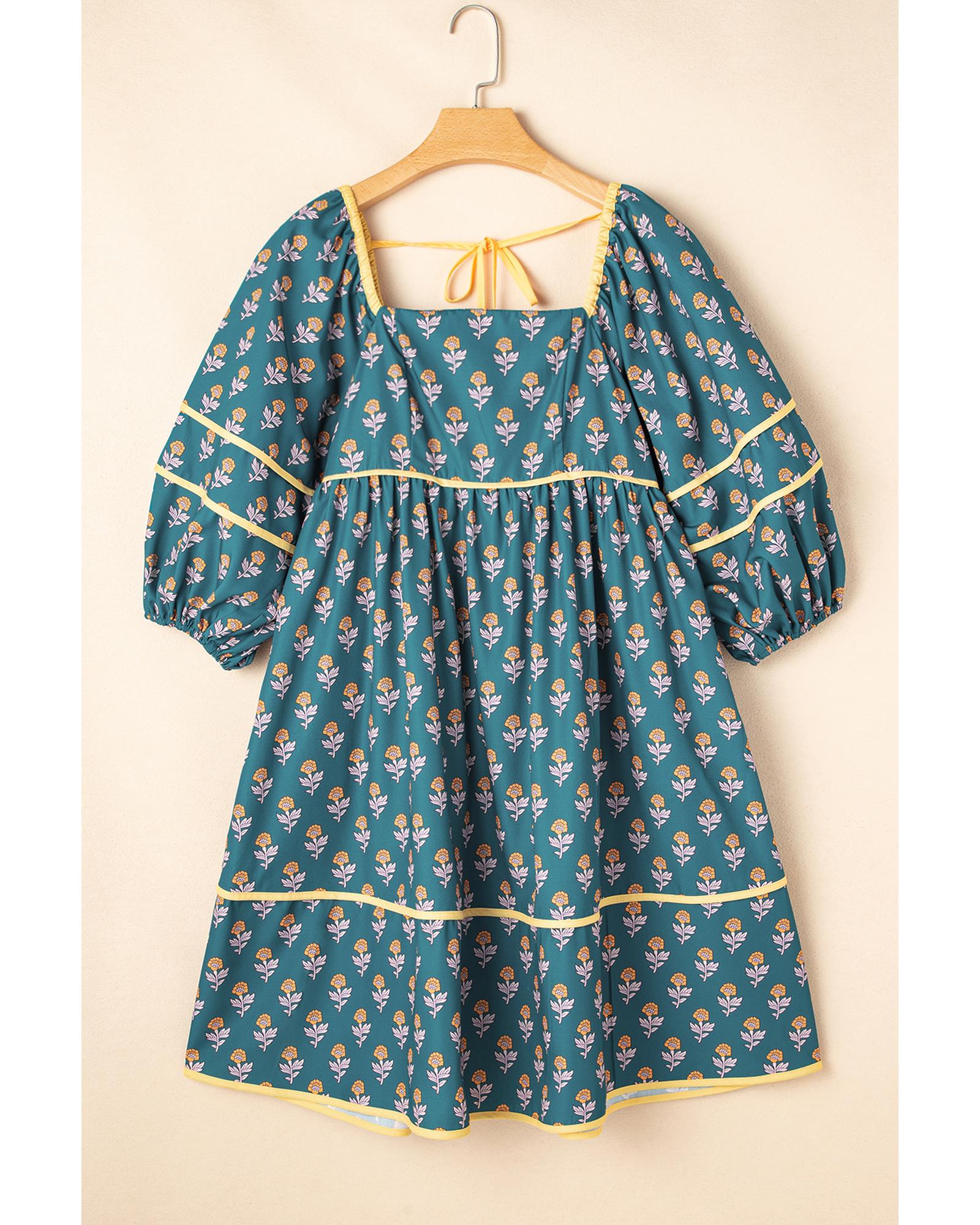 Skobeloff Floral Contrast Trim Square Neck Puff Sleeve Dress - M 4