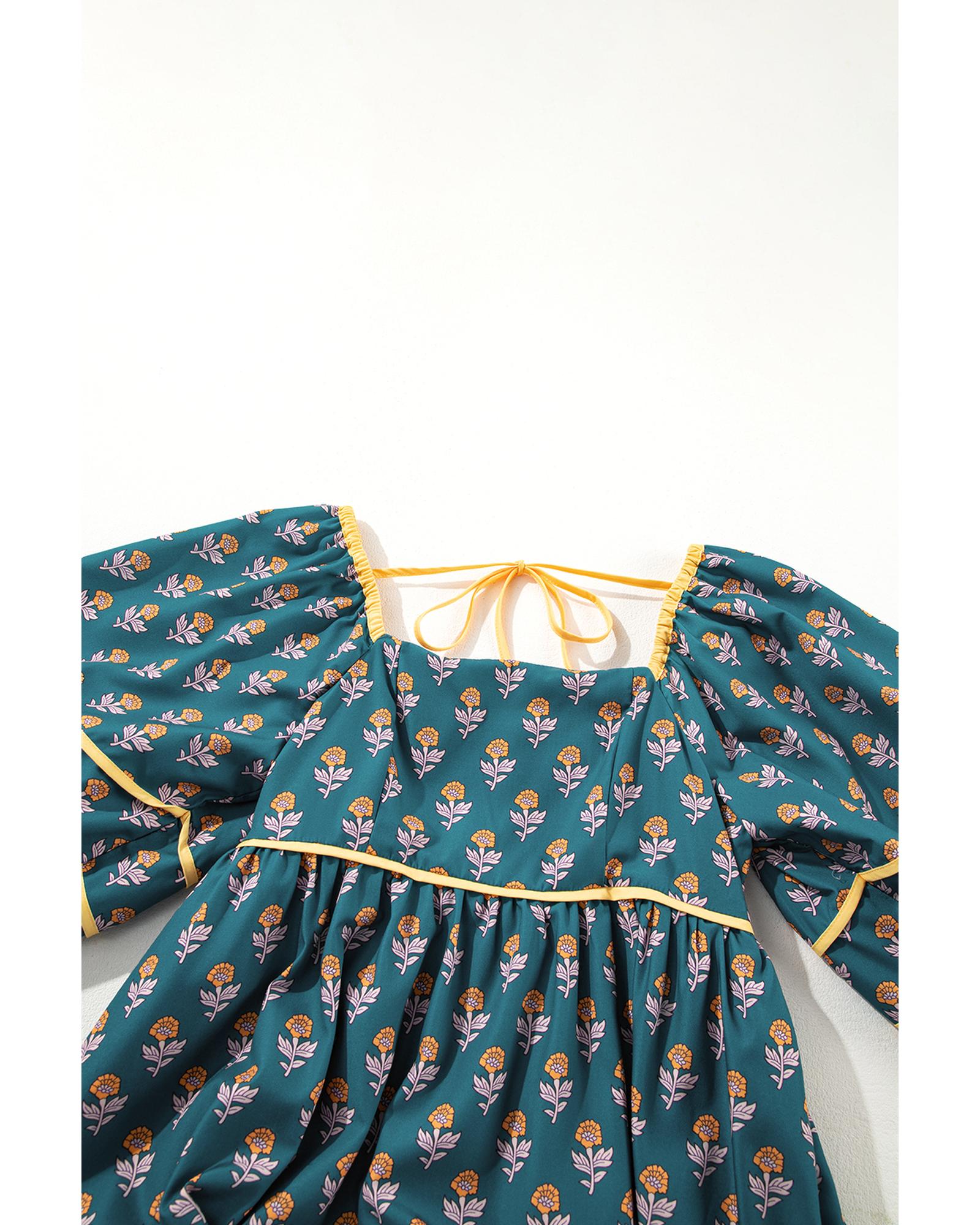 Skobeloff Floral Contrast Trim Square Neck Puff Sleeve Dress - M 6