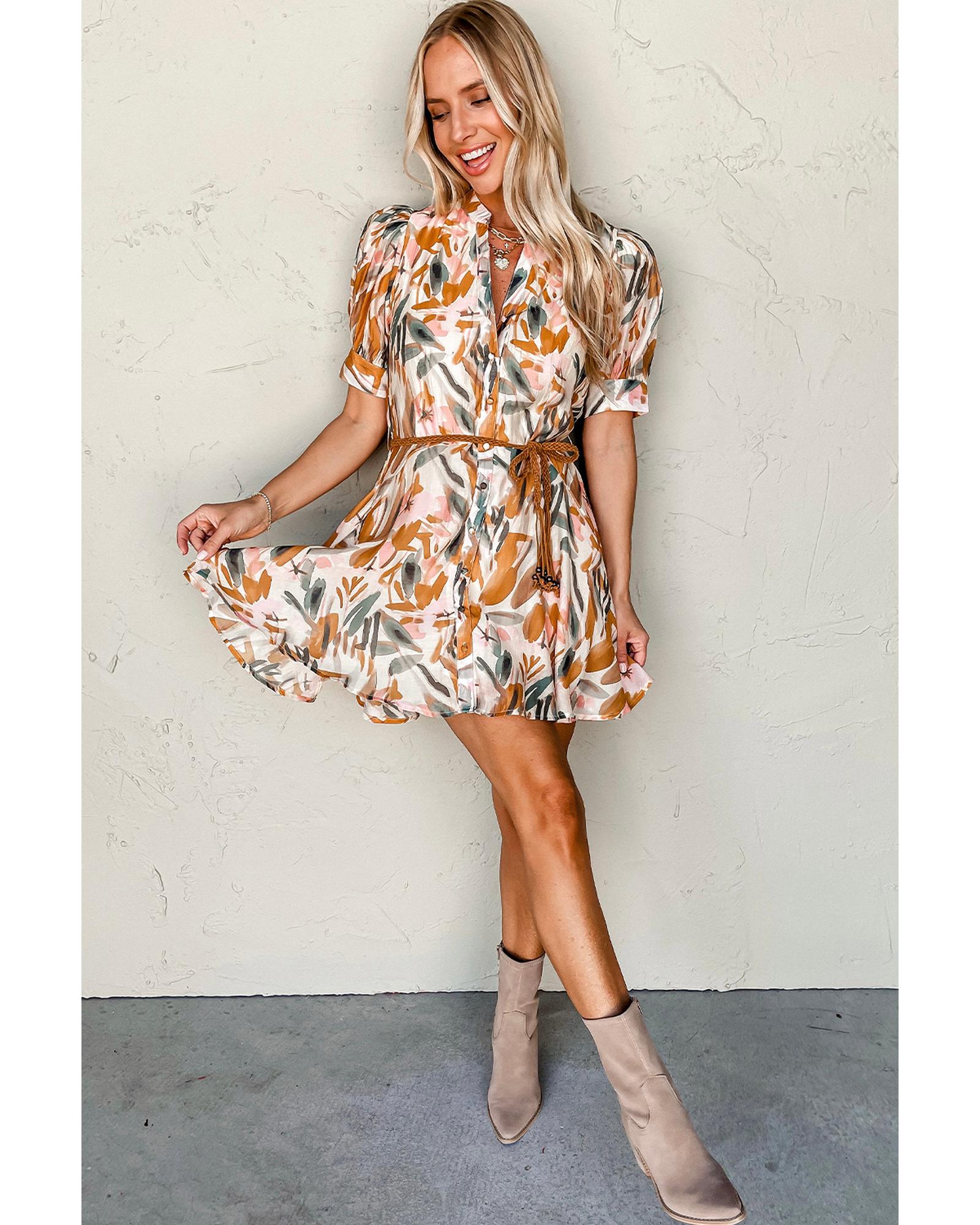Brown Abstract Printed Puff Sleeve Button Up Braided Belt Mini Dress - L 5