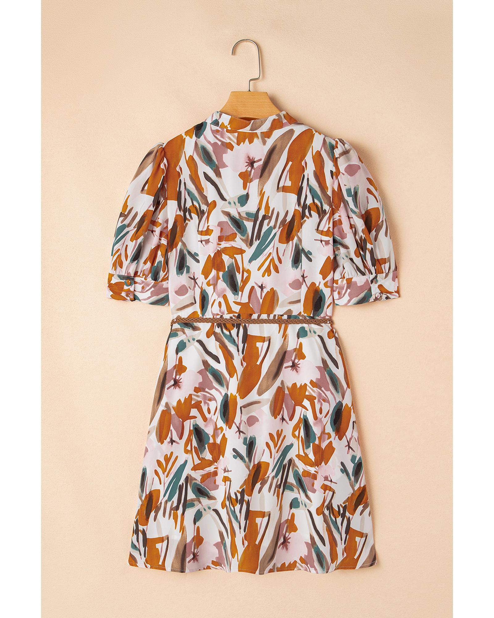 Brown Abstract Printed Puff Sleeve Button Up Braided Belt Mini Dress - L 7