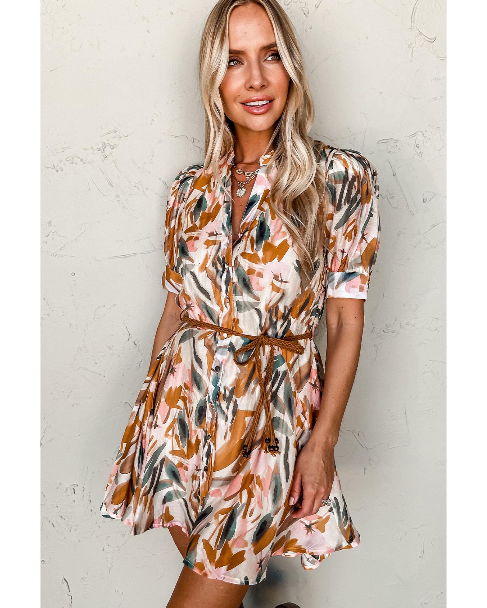 Brown Abstract Printed Puff Sleeve Button Up Braided Belt Mini Dress - XL 3