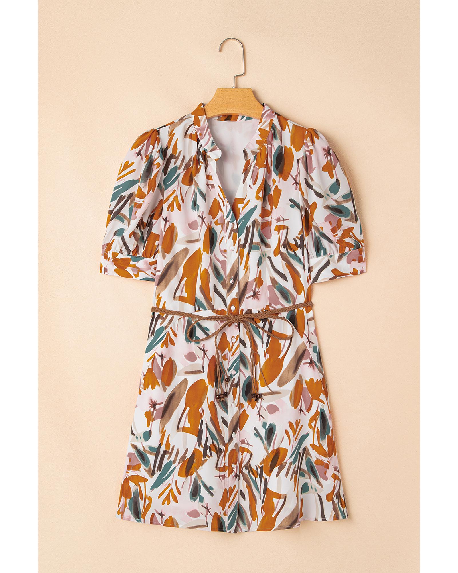 Brown Abstract Printed Puff Sleeve Button Up Braided Belt Mini Dress - XL 6