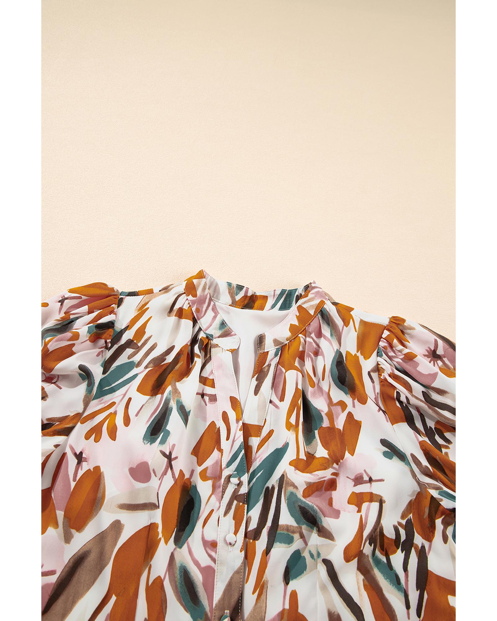 Brown Abstract Printed Puff Sleeve Button Up Braided Belt Mini Dress - XL 8