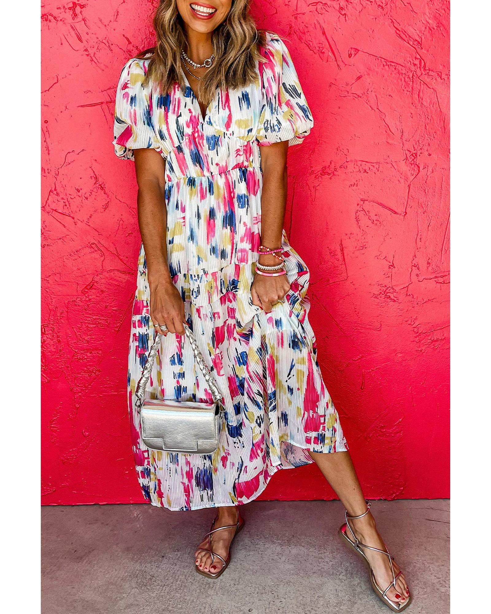 Rose Abstract Print Short Puff Sleeve Tiered Maxi Dress - L