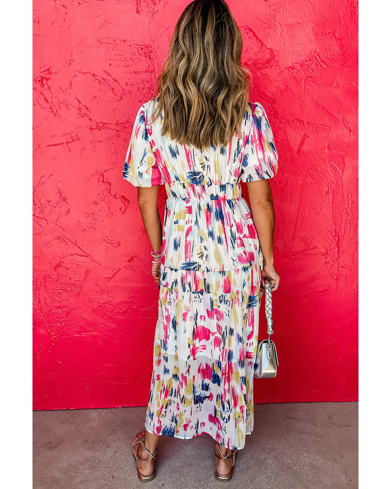 Rose Abstract Print Short Puff Sleeve Tiered Maxi Dress - M