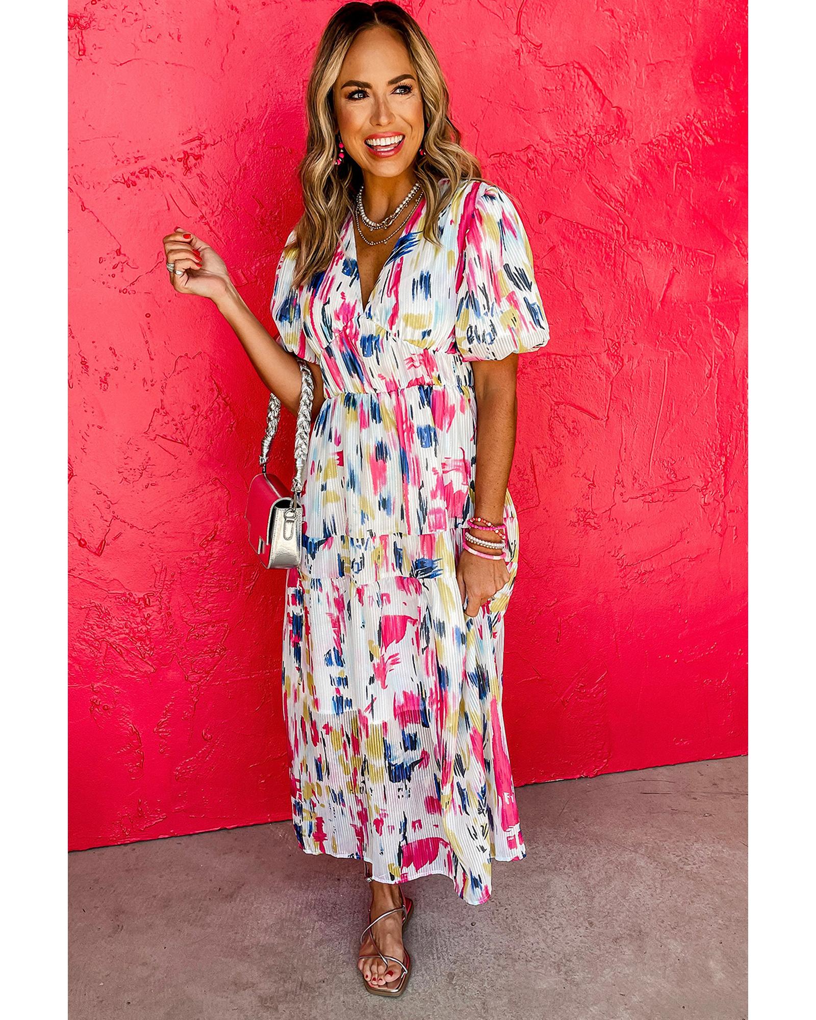 Rose Abstract Print Short Puff Sleeve Tiered Maxi Dress - S 4
