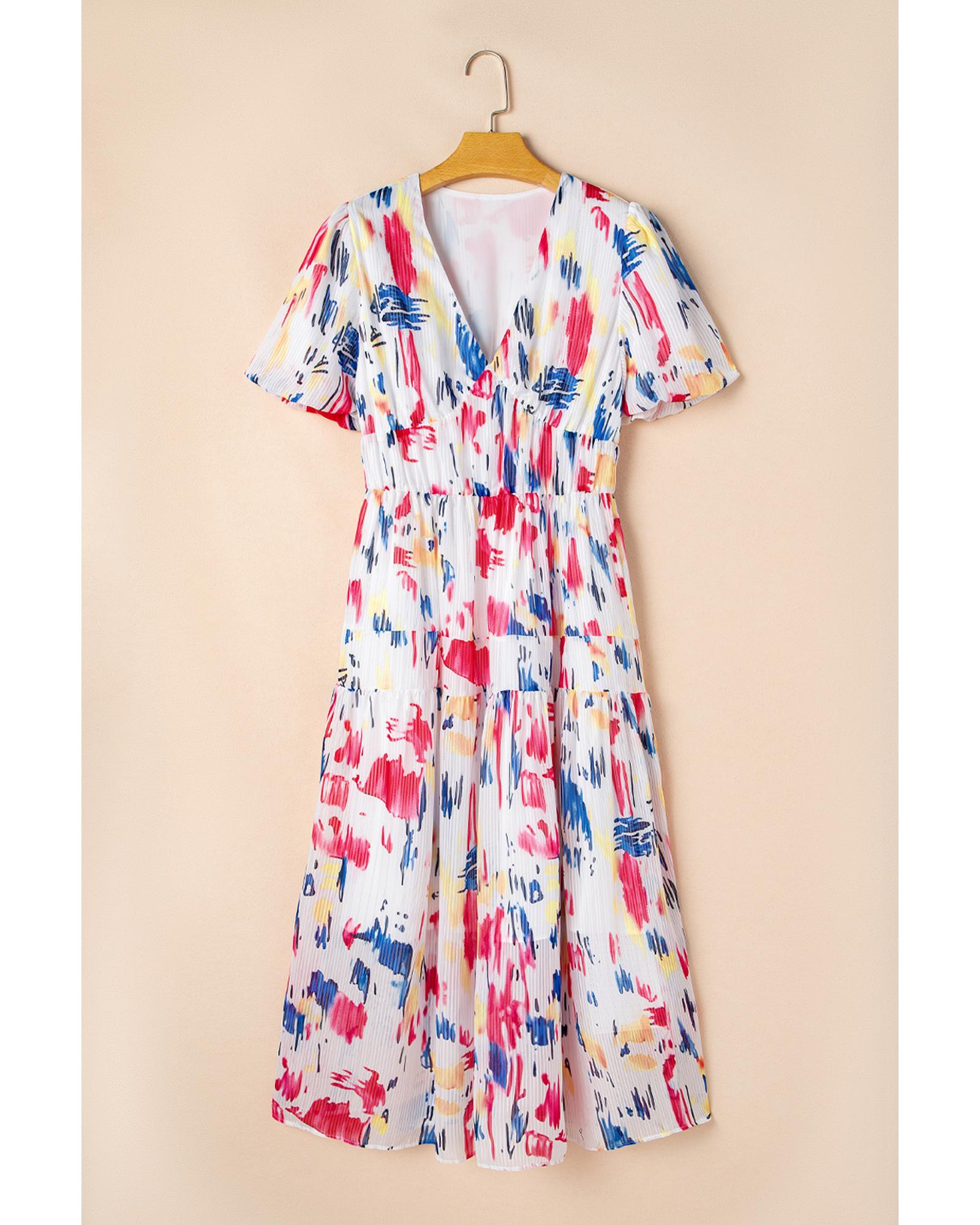 Rose Abstract Print Short Puff Sleeve Tiered Maxi Dress - S 8