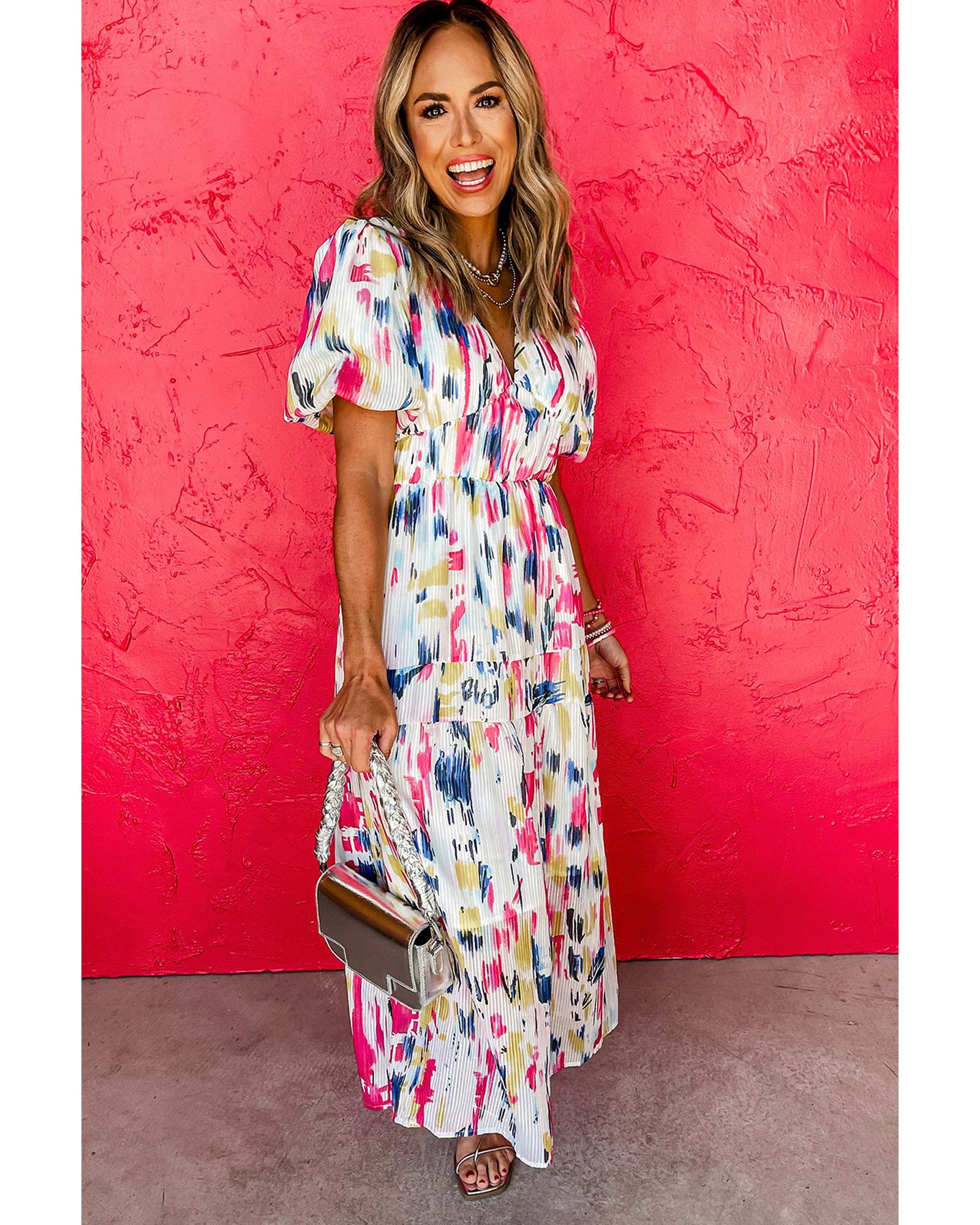 Rose Abstract Print Short Puff Sleeve Tiered Maxi Dress - XL 3