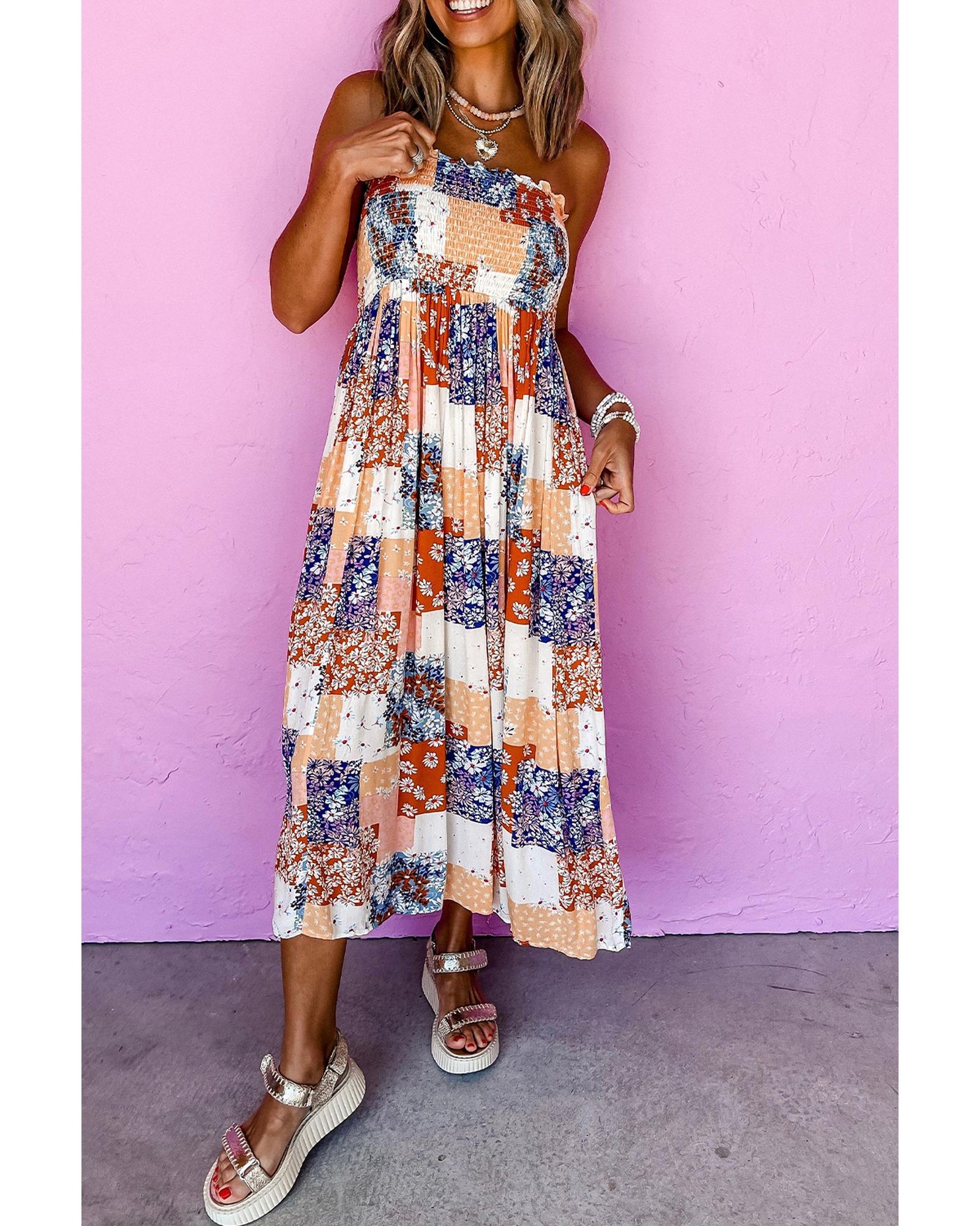 Orange Floral Patchwork Printed Frilled Bandeau Smocked High Waist Long Dress - XL