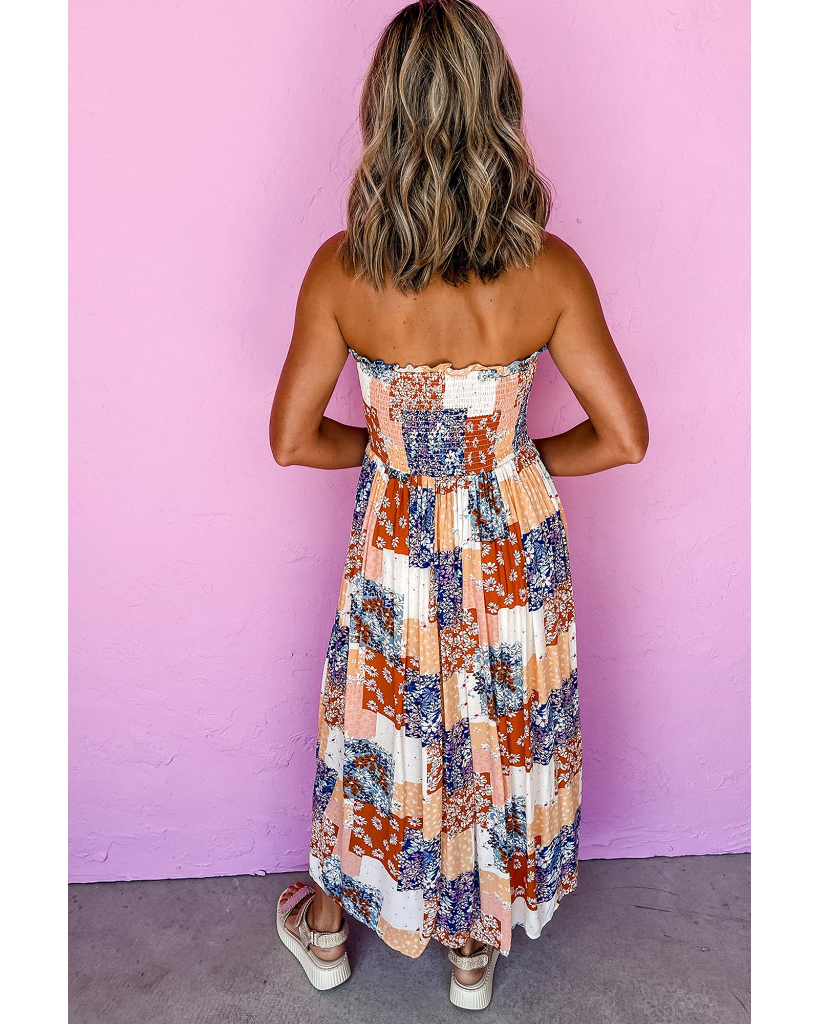 Orange Floral Patchwork Printed Frilled Bandeau Smocked High Waist Long Dress - XL