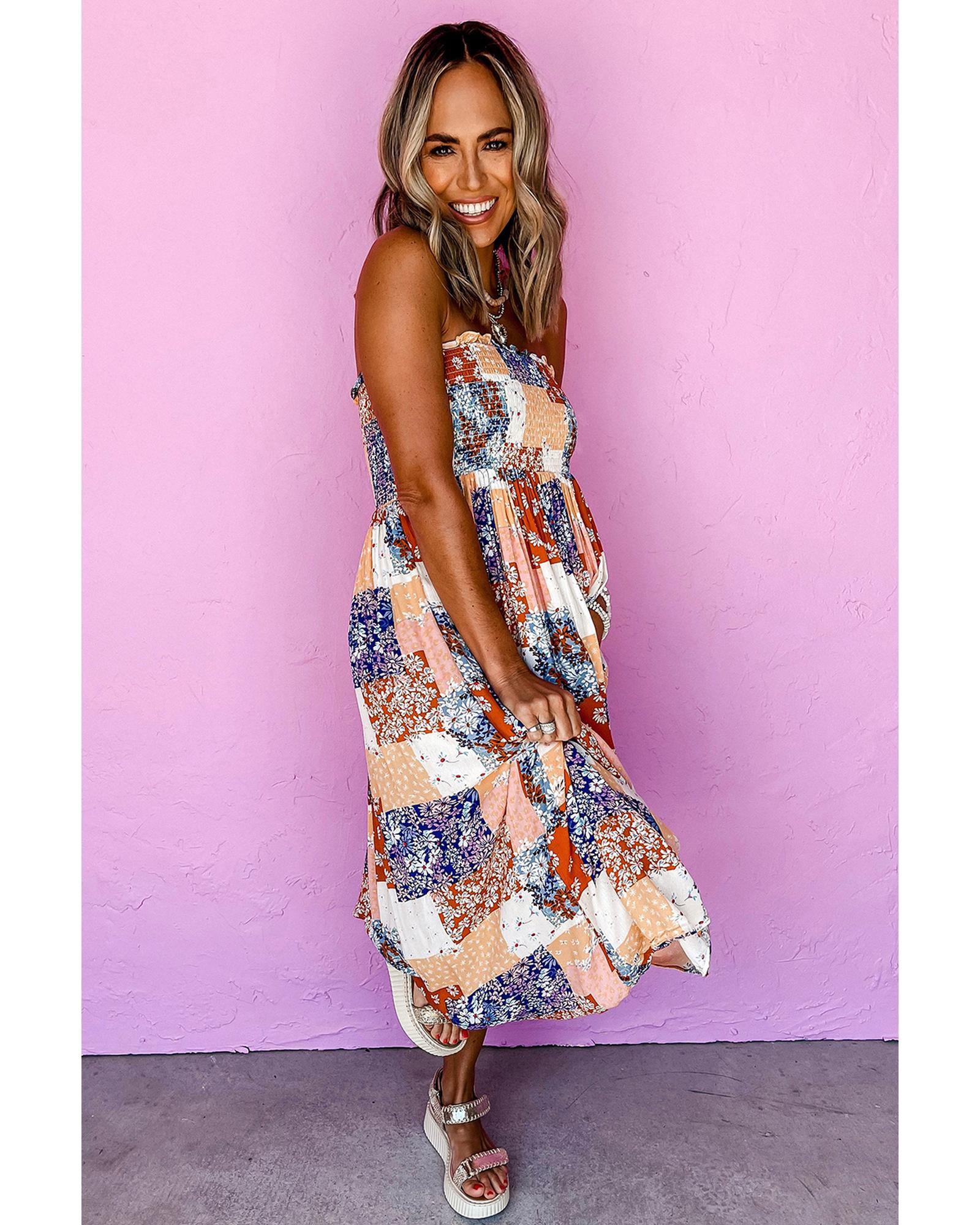 Orange Floral Patchwork Printed Frilled Bandeau Smocked High Waist Long Dress - XL 3