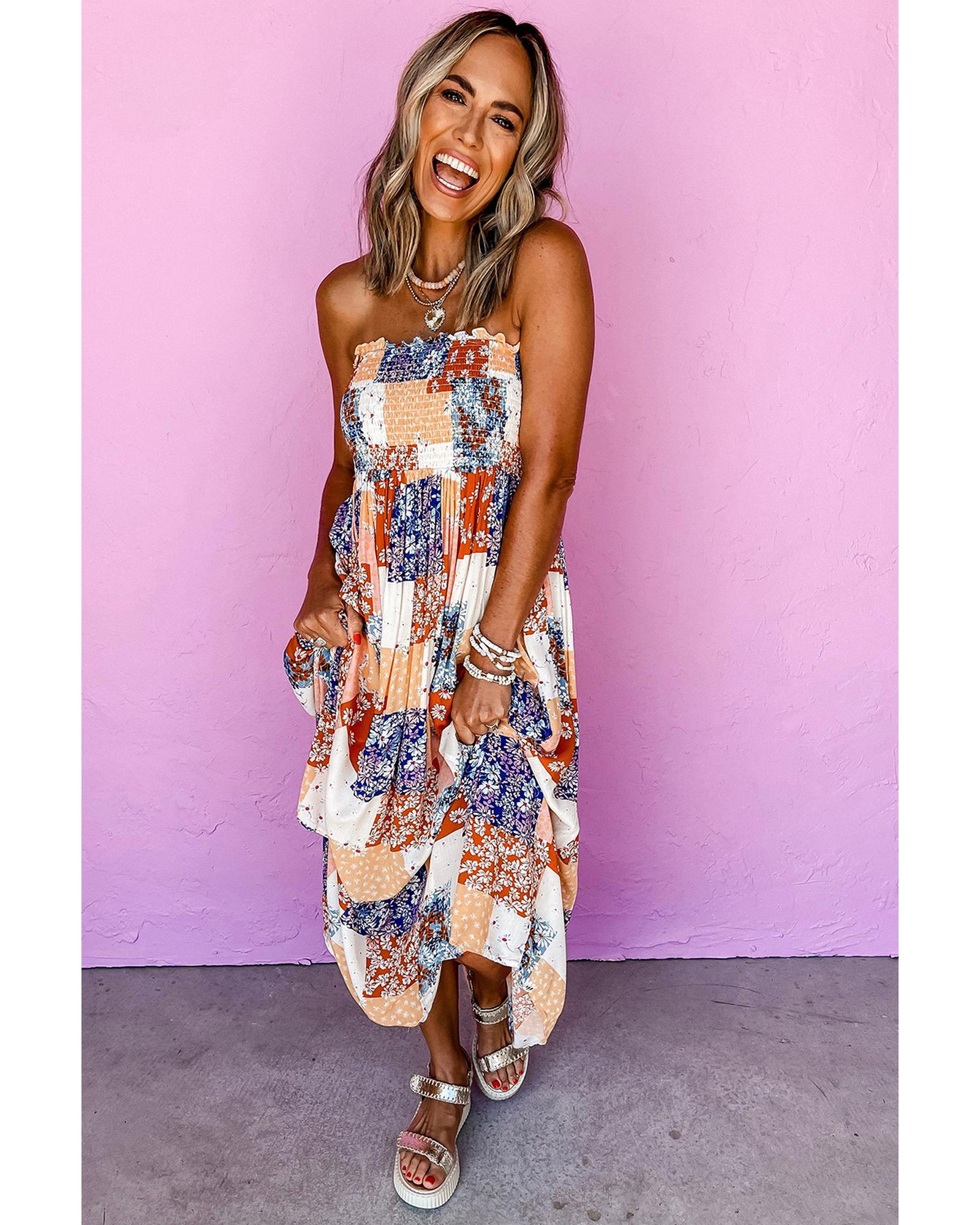 Orange Floral Patchwork Printed Frilled Bandeau Smocked High Waist Long Dress - XL 4