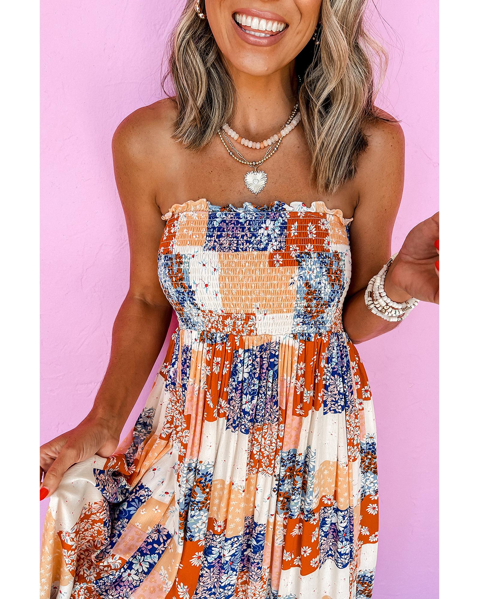 Orange Floral Patchwork Printed Frilled Bandeau Smocked High Waist Long Dress - XL 6