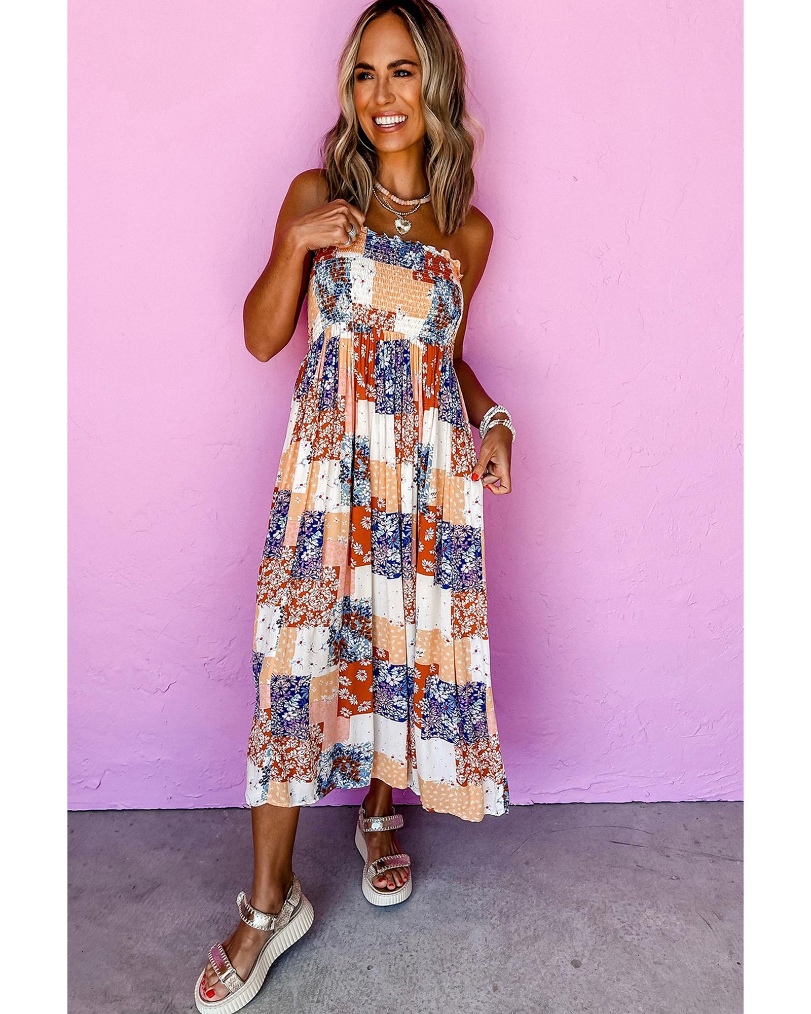 Orange Floral Patchwork Printed Frilled Bandeau Smocked High Waist Long Dress - XL 7