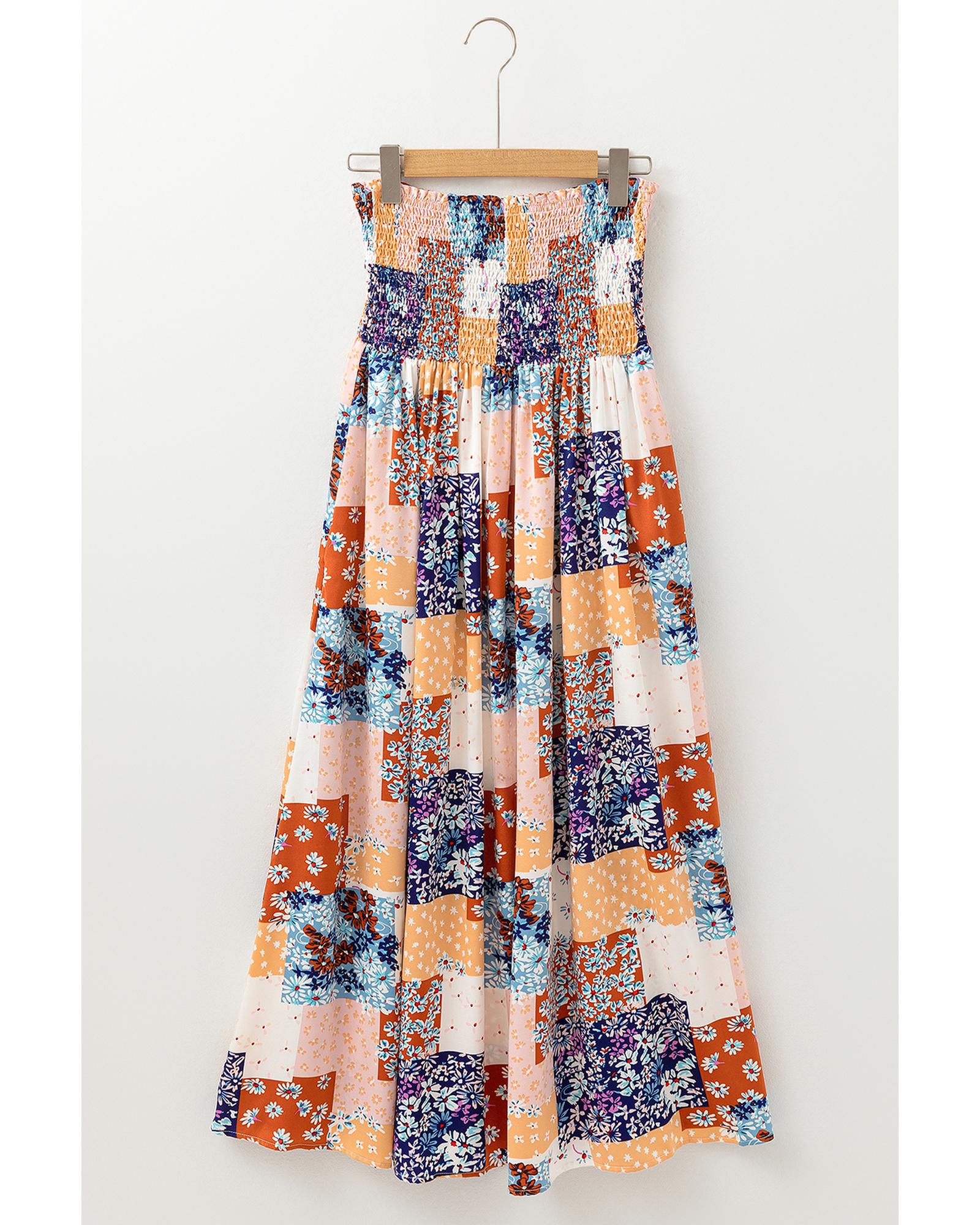 Orange Floral Patchwork Printed Frilled Bandeau Smocked High Waist Long Dress - XL 8