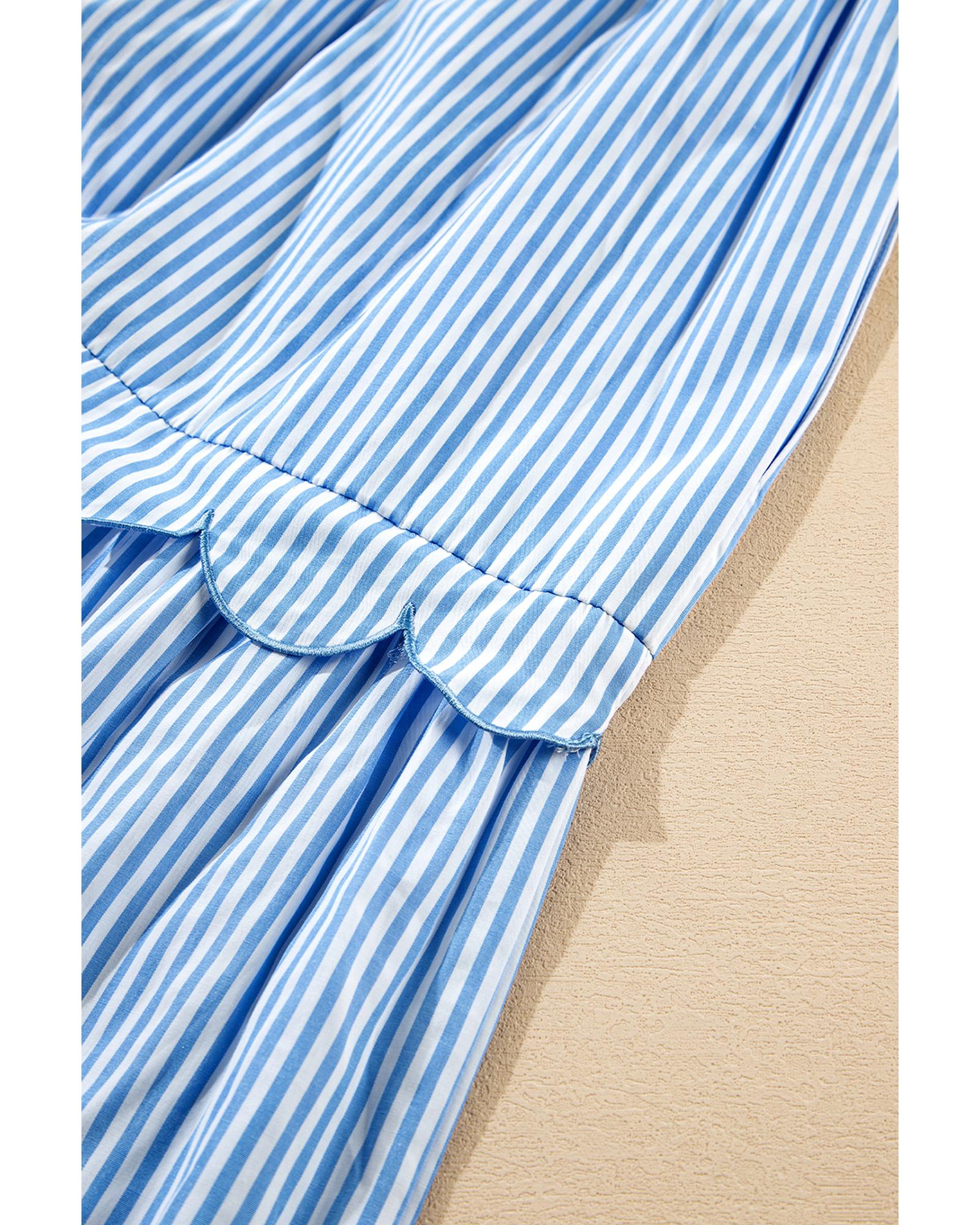 Sky Blue Stripe Bubble Short Sleeve Tiered Scallop Long Dress - L 8