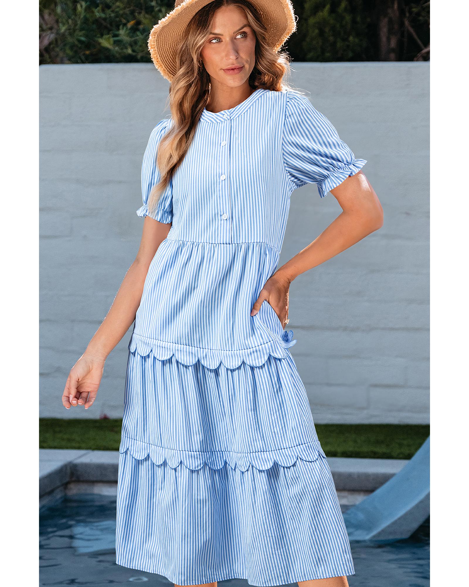 Sky Blue Stripe Bubble Short Sleeve Tiered Scallop Long Dress - M