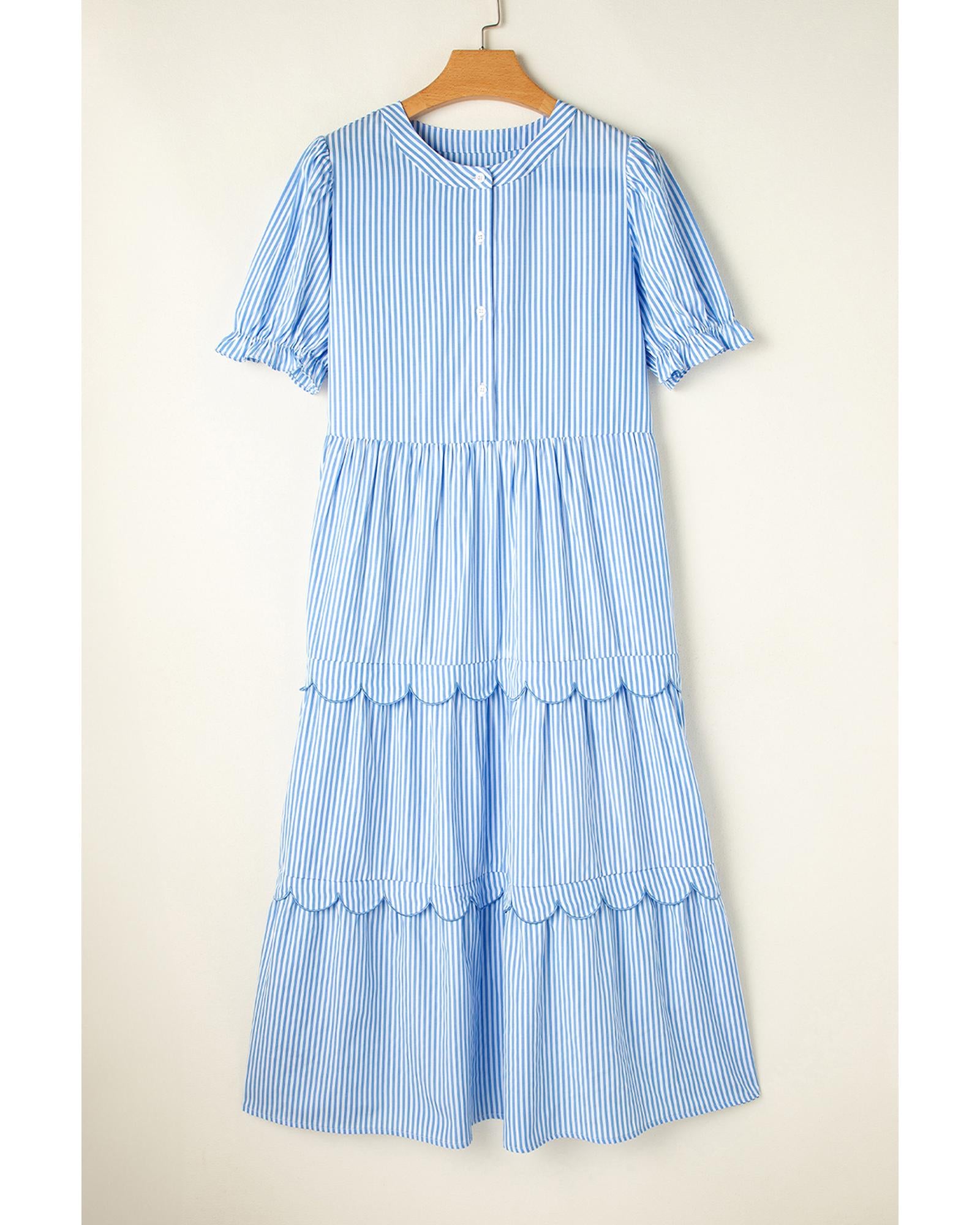Sky Blue Stripe Bubble Short Sleeve Tiered Scallop Long Dress - M 3