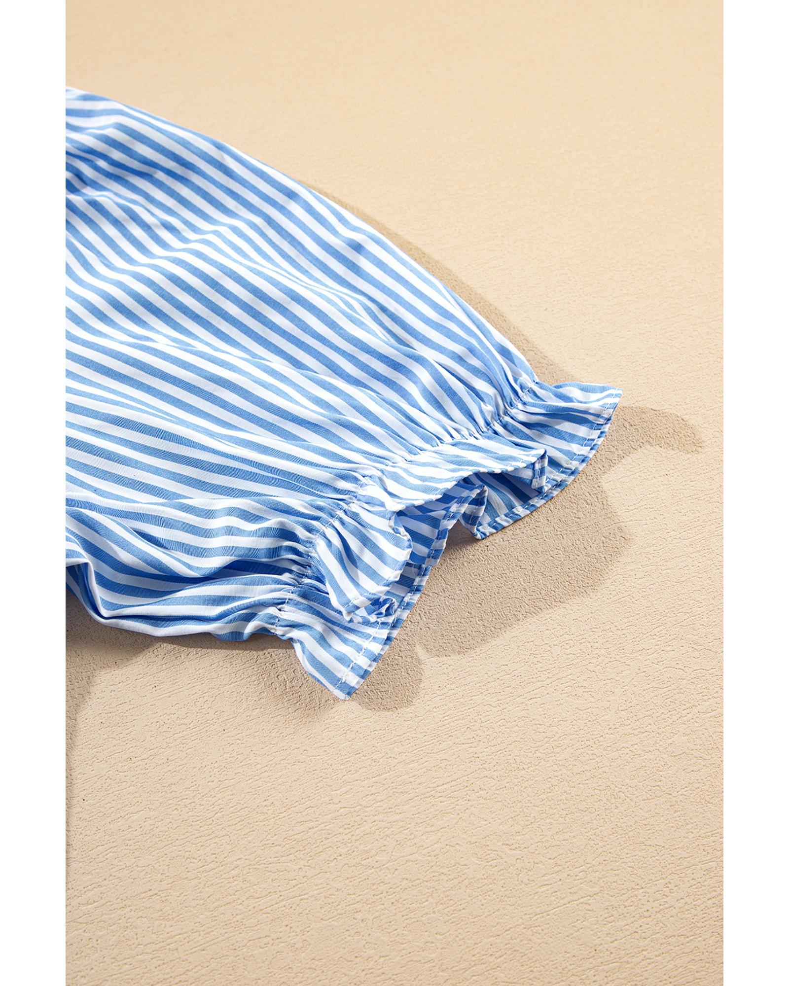 Sky Blue Stripe Bubble Short Sleeve Tiered Scallop Long Dress - M 7