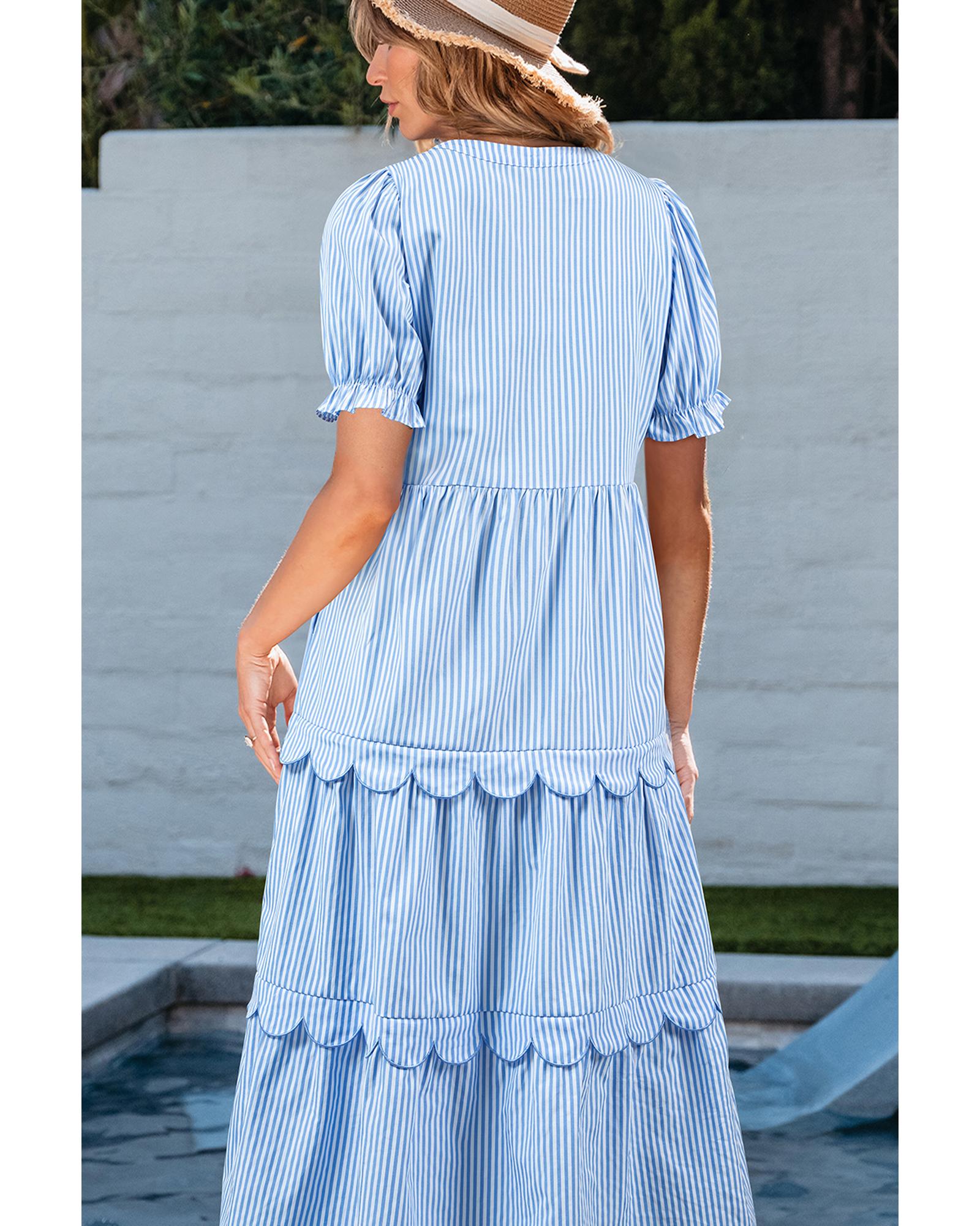 Sky Blue Stripe Bubble Short Sleeve Tiered Scallop Long Dress - S