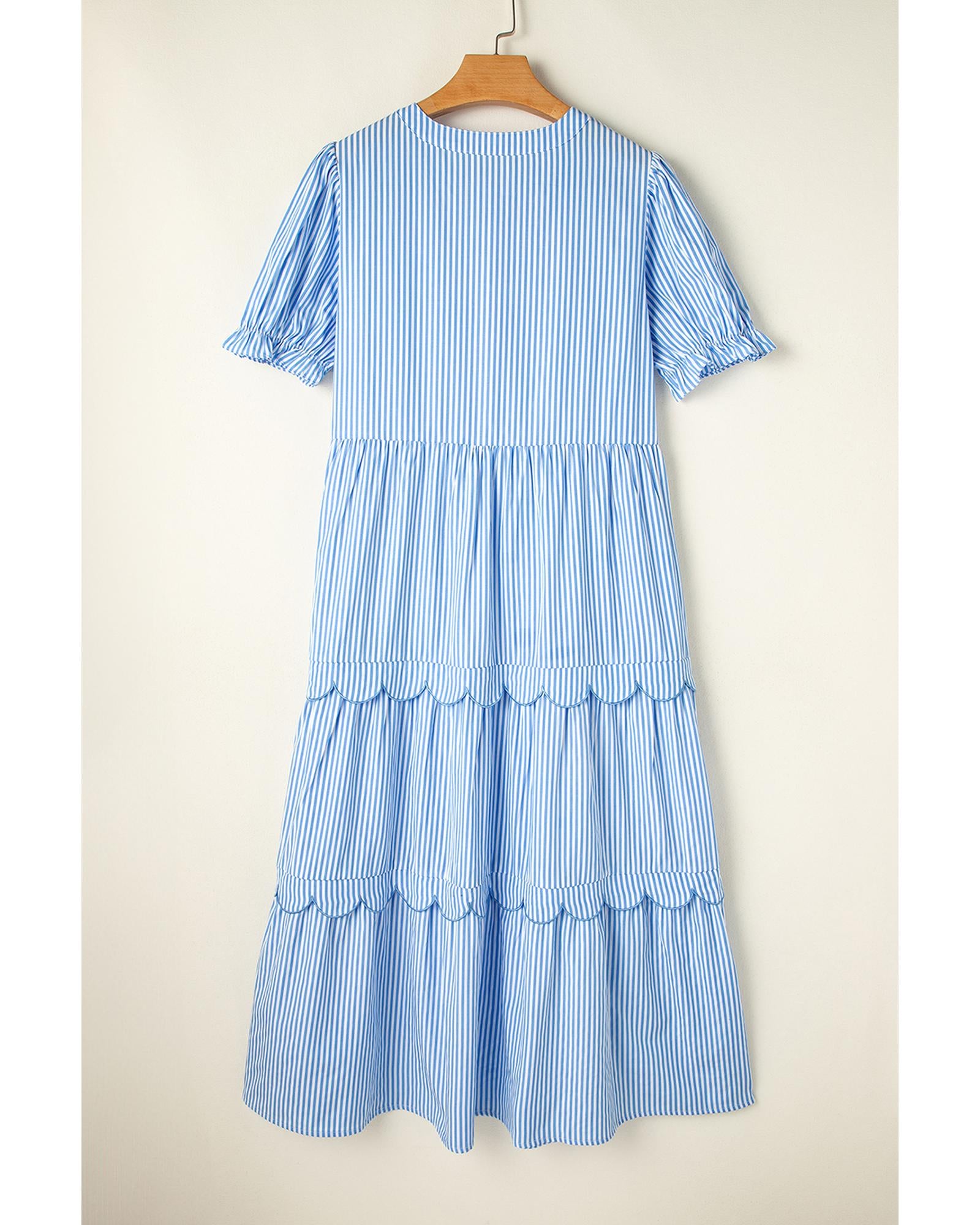 Sky Blue Stripe Bubble Short Sleeve Tiered Scallop Long Dress - XL 4