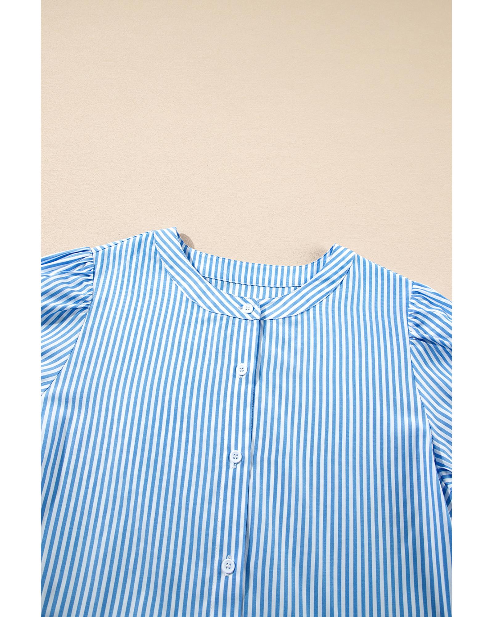 Sky Blue Stripe Bubble Short Sleeve Tiered Scallop Long Dress - XL 5