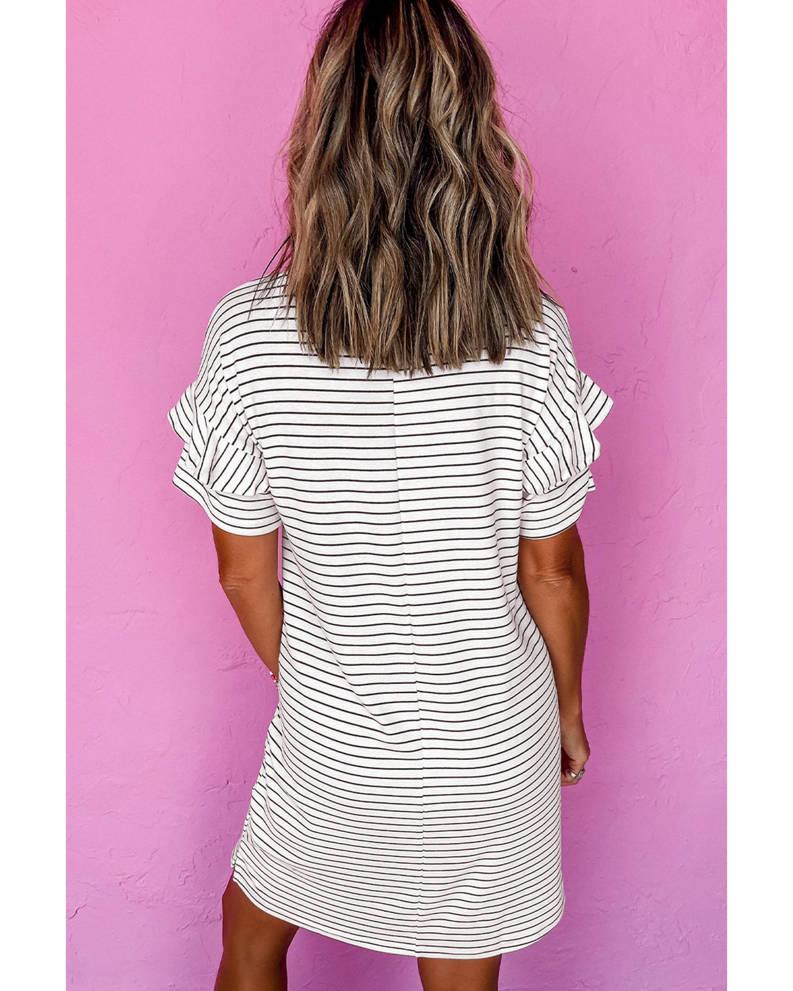 White Stripe Ruffled Short Sleeve Crew Neck T Shirt Shift Mini Dress - L
