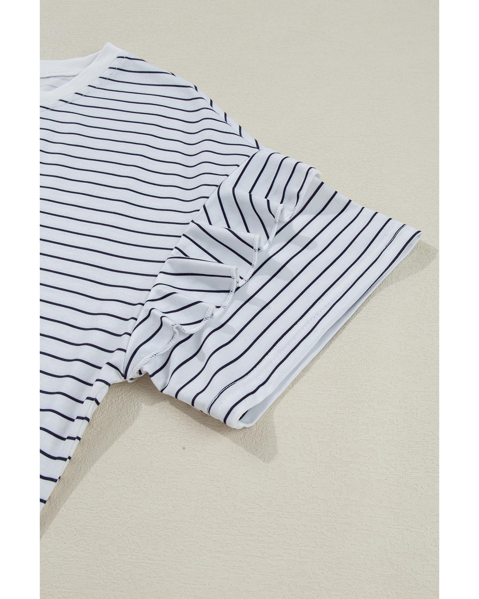 White Stripe Ruffled Short Sleeve Crew Neck T Shirt Shift Mini Dress - S 3
