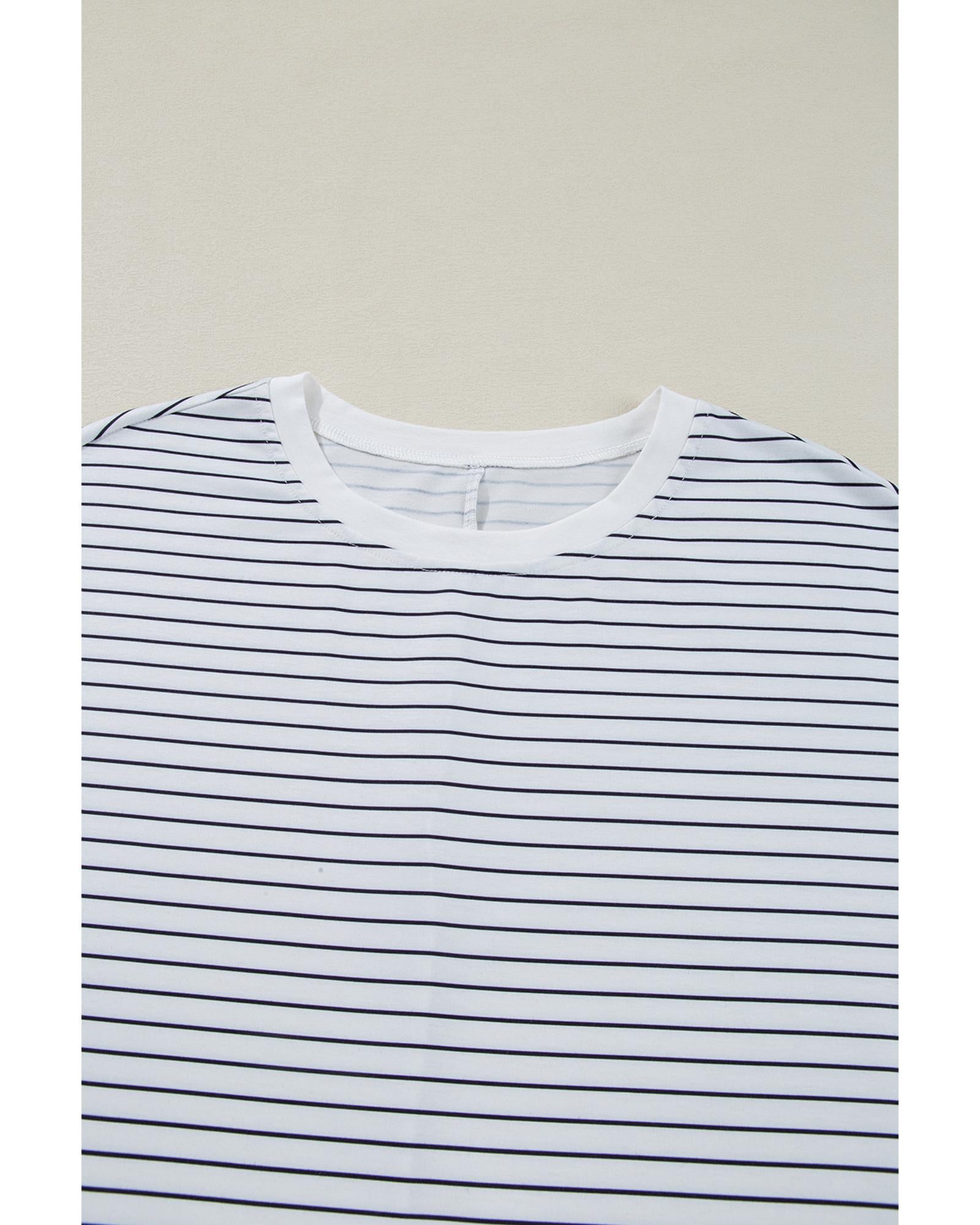 White Stripe Ruffled Short Sleeve Crew Neck T Shirt Shift Mini Dress - S 5