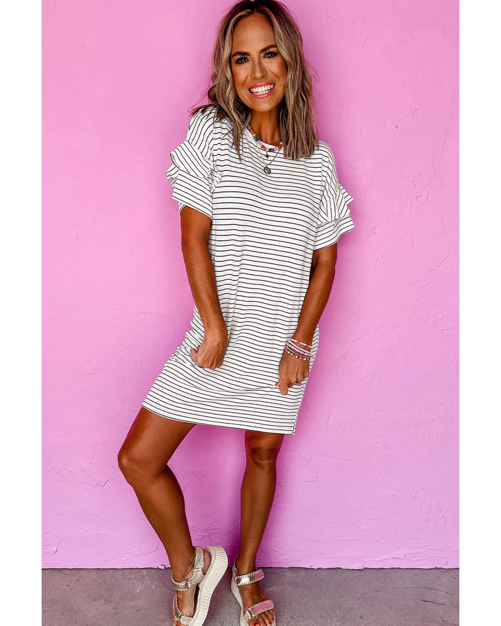 White Stripe Ruffled Short Sleeve Crew Neck T Shirt Shift Mini Dress - XL 5