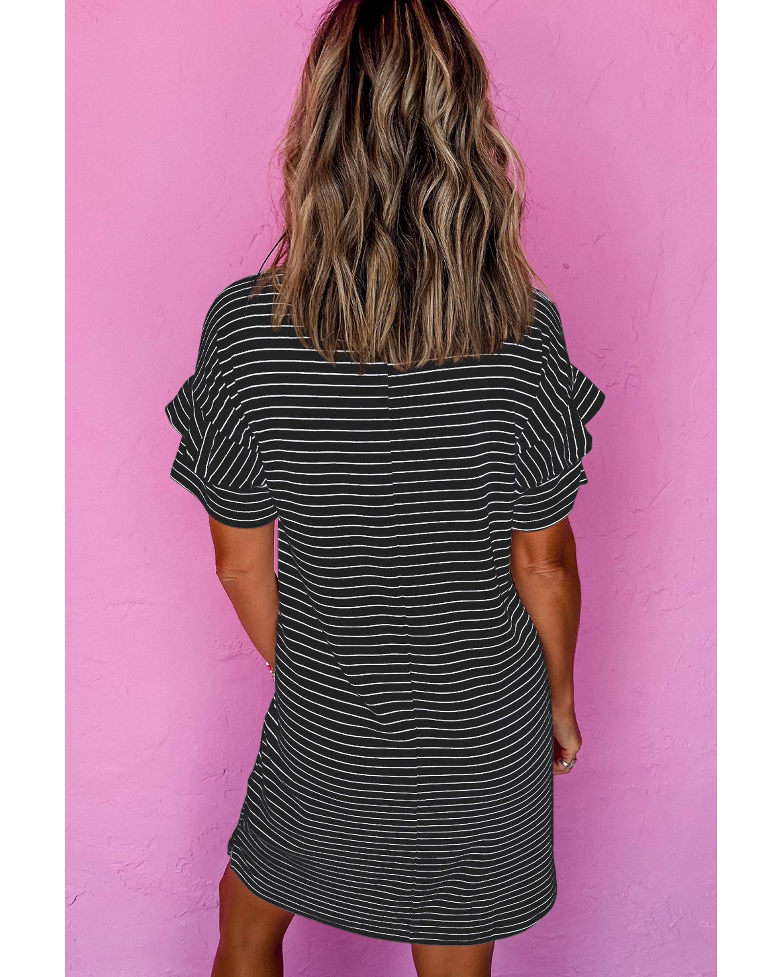 Black Stripe Ruffled Short Sleeve Crew Neck T Shirt Shift Mini Dress - L