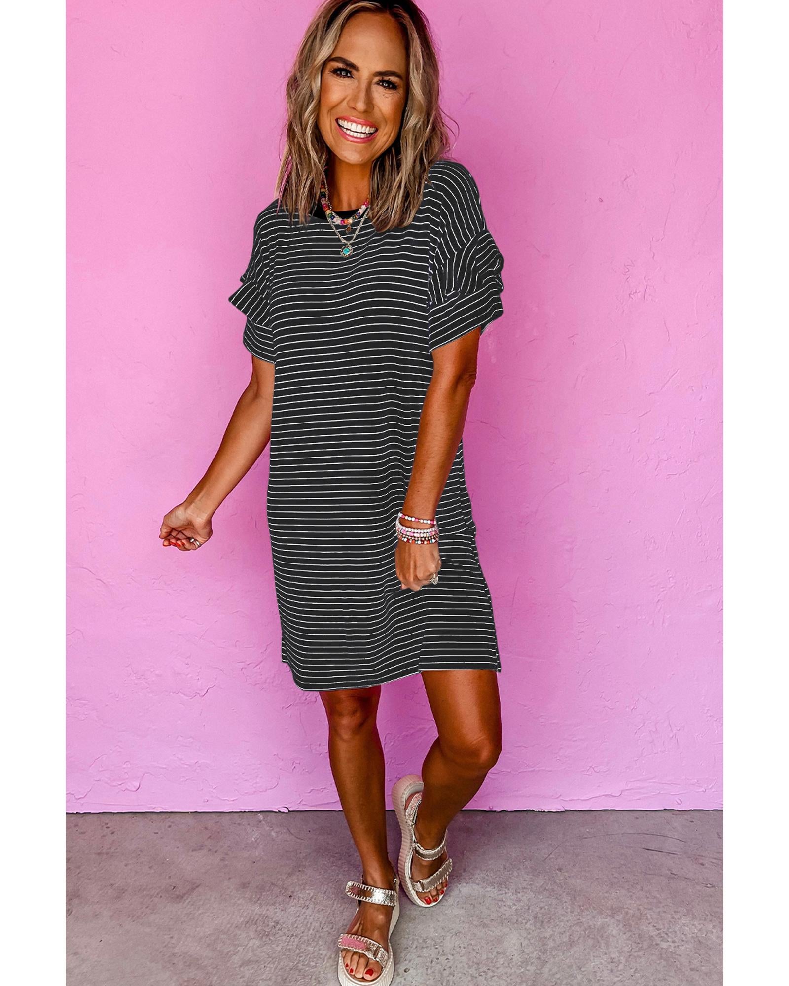 Black Stripe Ruffled Short Sleeve Crew Neck T Shirt Shift Mini Dress - M 5