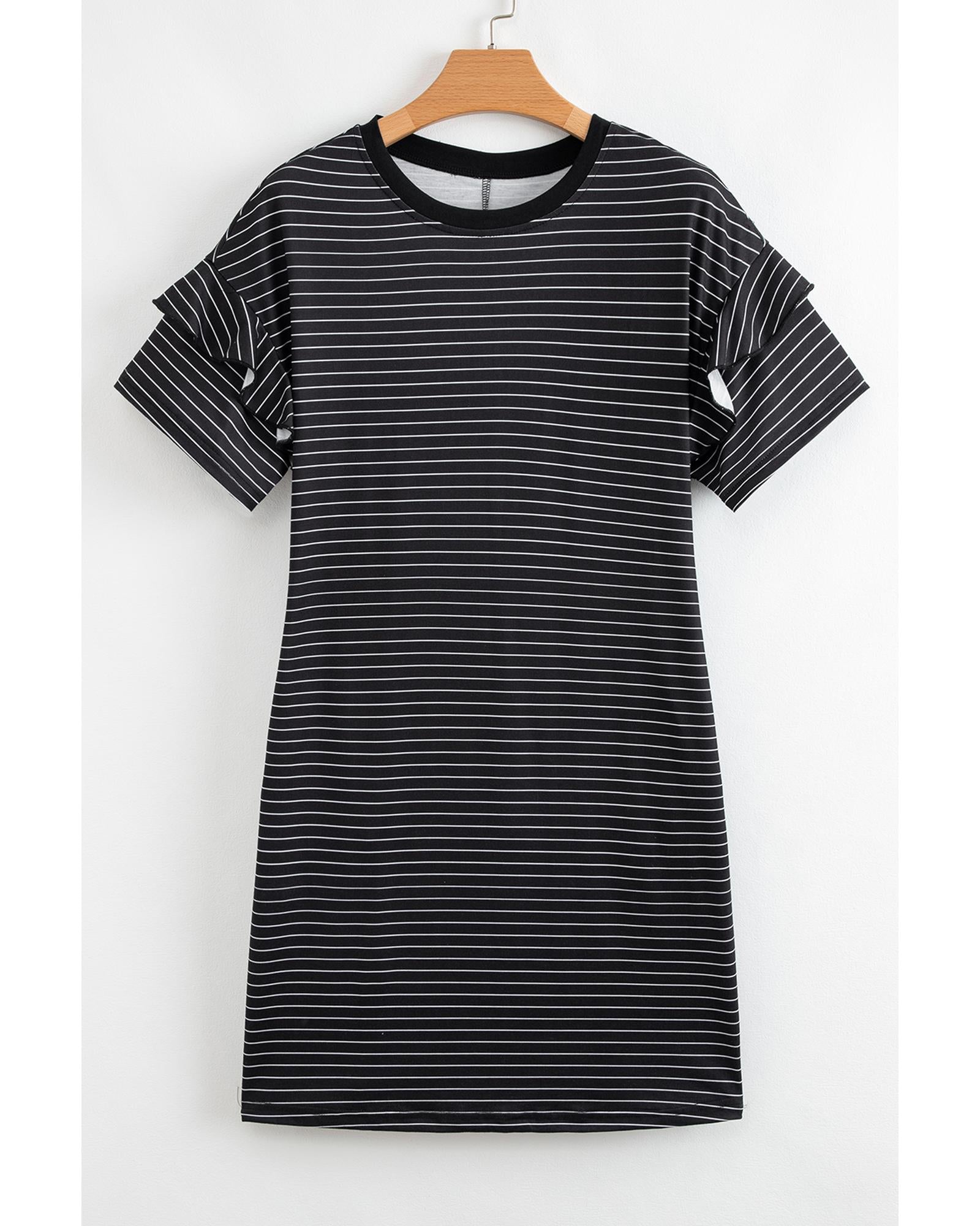 Black Stripe Ruffled Short Sleeve Crew Neck T Shirt Shift Mini Dress - M 6