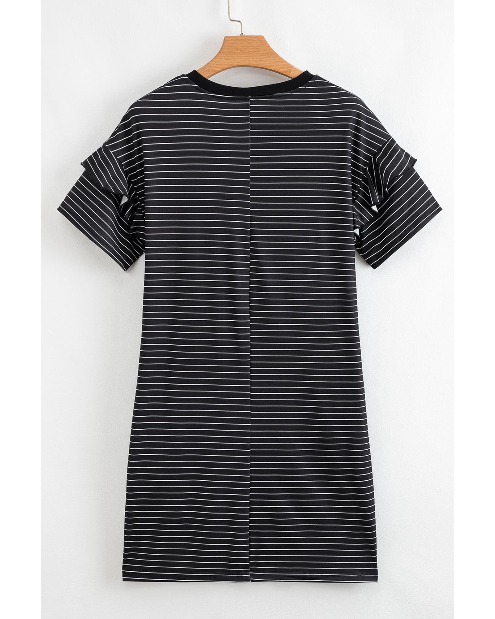 Black Stripe Ruffled Short Sleeve Crew Neck T Shirt Shift Mini Dress - S 7