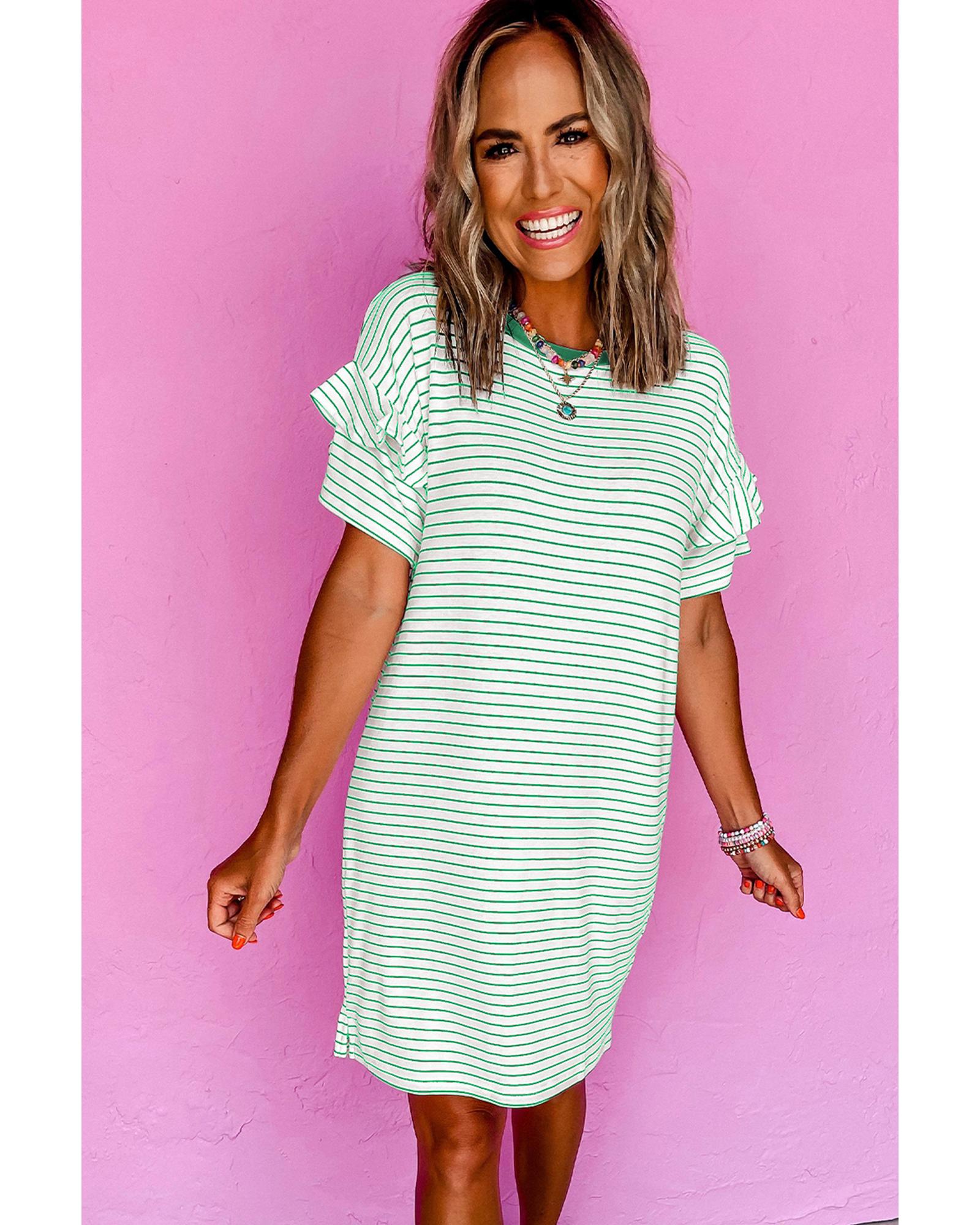 Green Stripe Ruffled Short Sleeve Crew Neck T Shirt Shift Mini Dress - XL 3